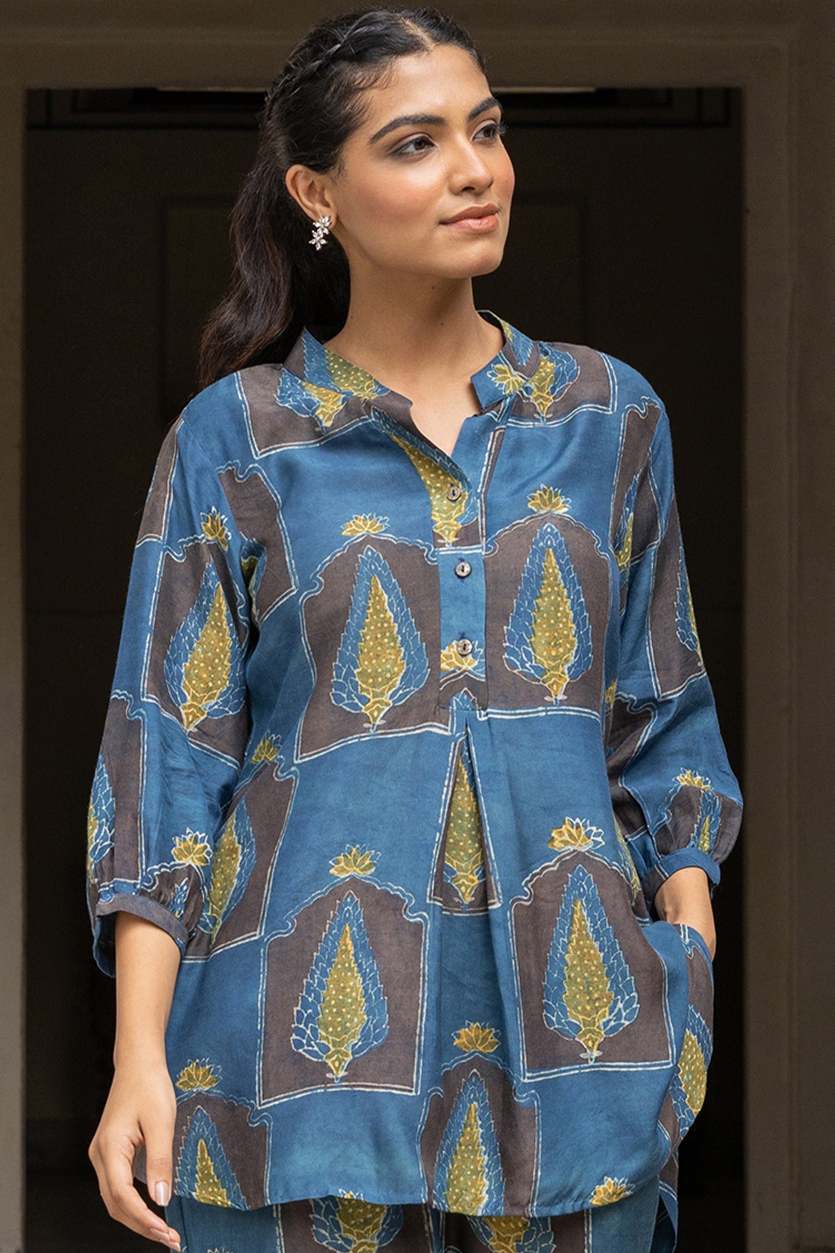 Turquoise Muslin Hand Block Bagru Print Top