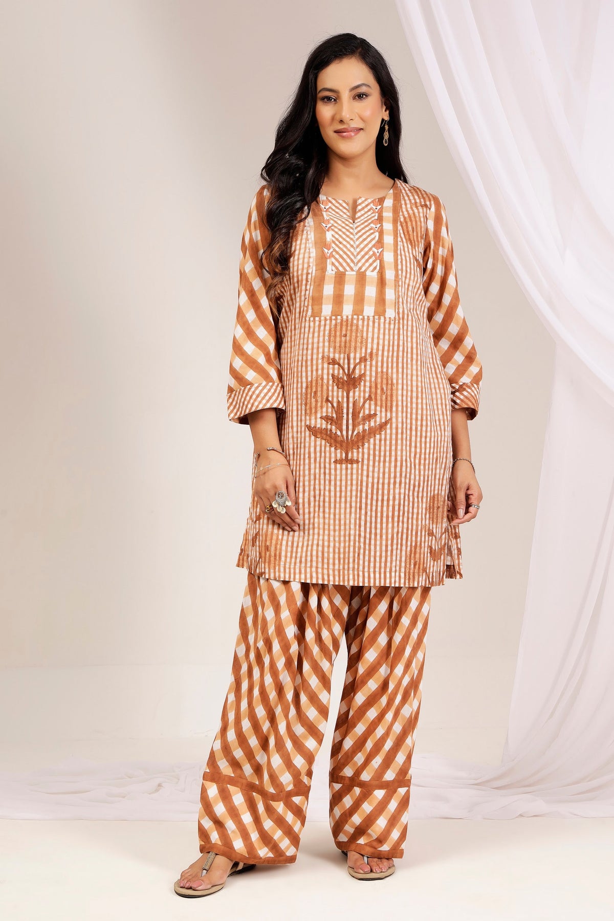 Terracotta Gingham Handblock Printed Farshi Salwar Set