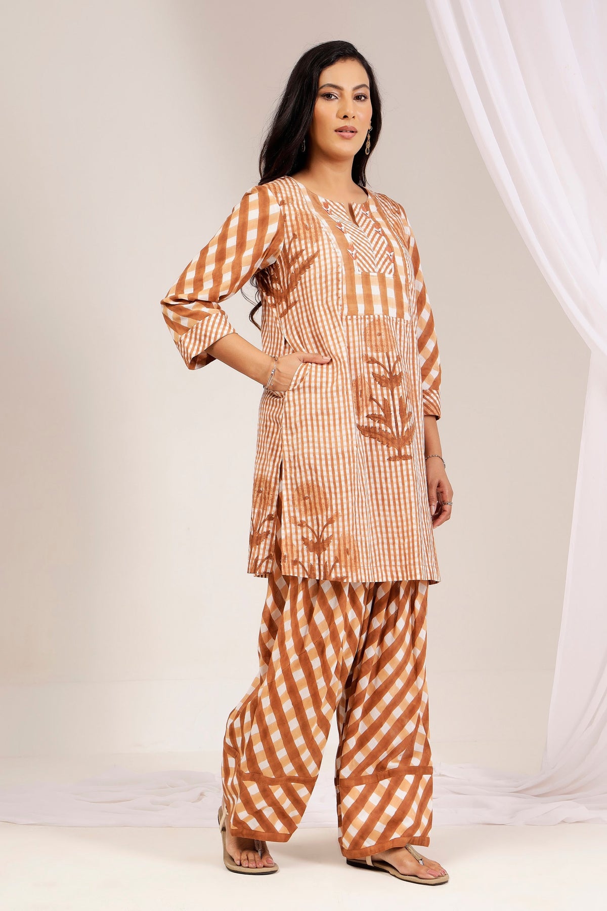 Terracotta Gingham Handblock Printed Farshi Salwar Set