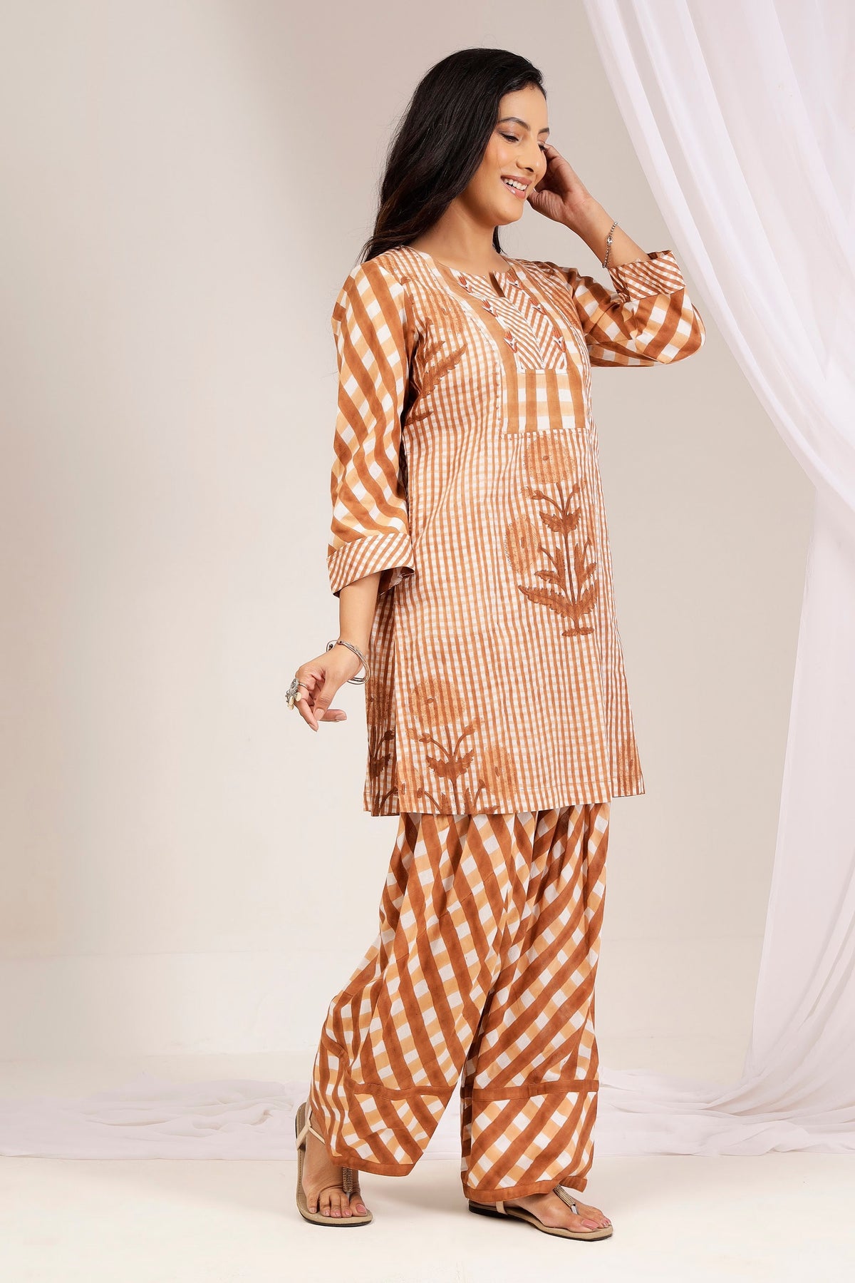 Terracotta Gingham Handblock Printed Farshi Salwar Set