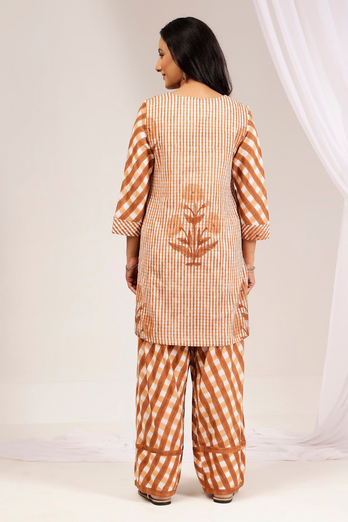 Terracotta Gingham Handblock Printed Farshi Salwar Set