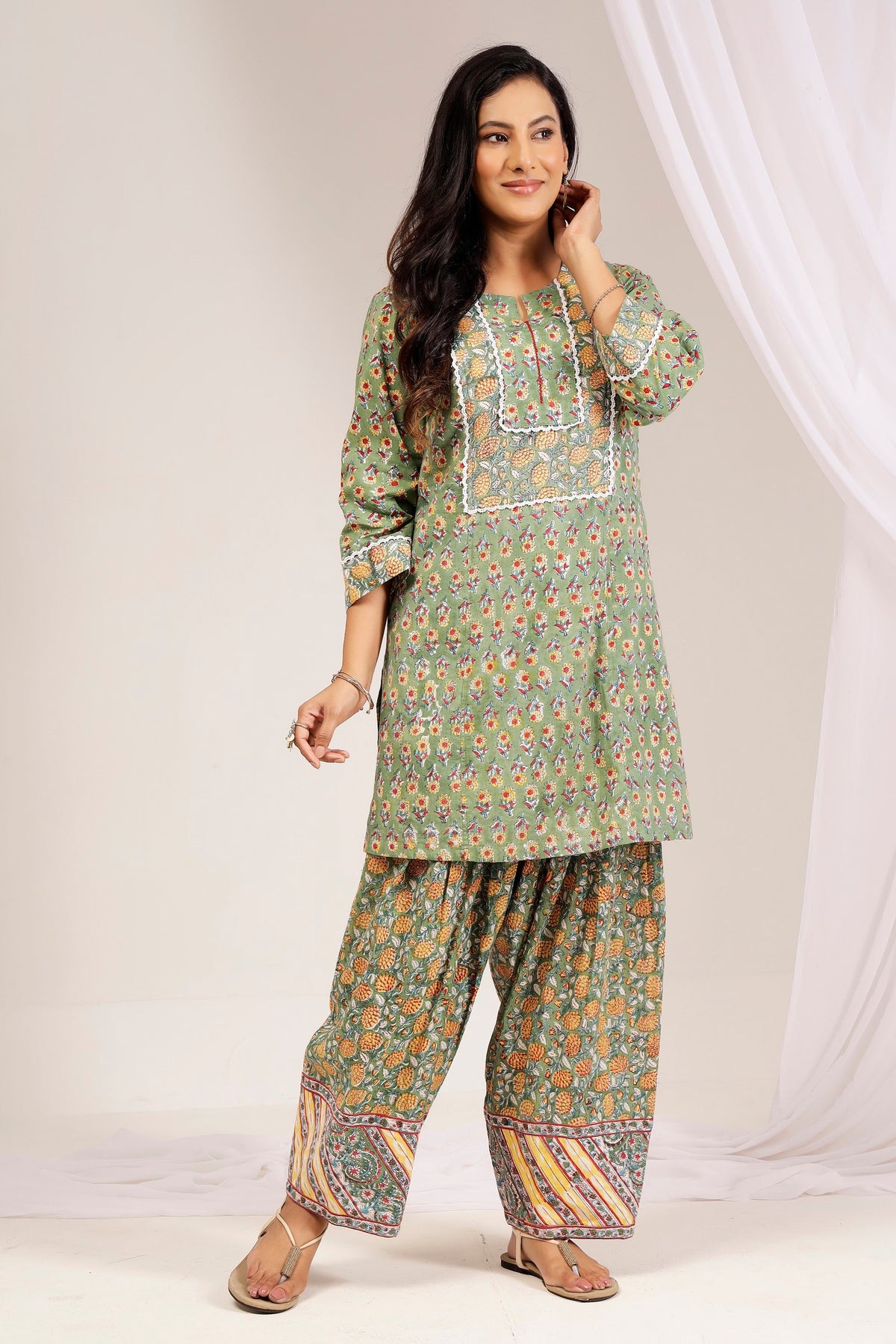 Green Printed Cotton Farshi Salwar Set