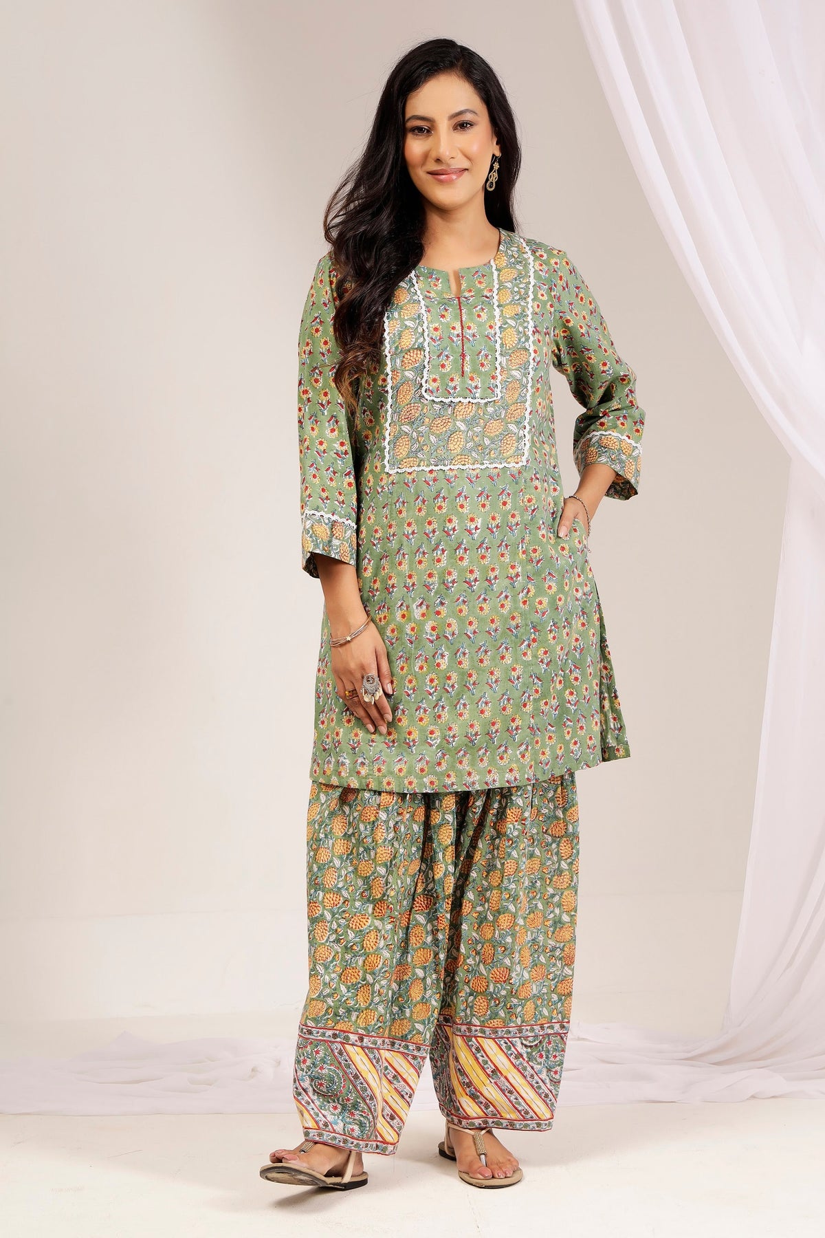 Green Printed Cotton Farshi Salwar Set