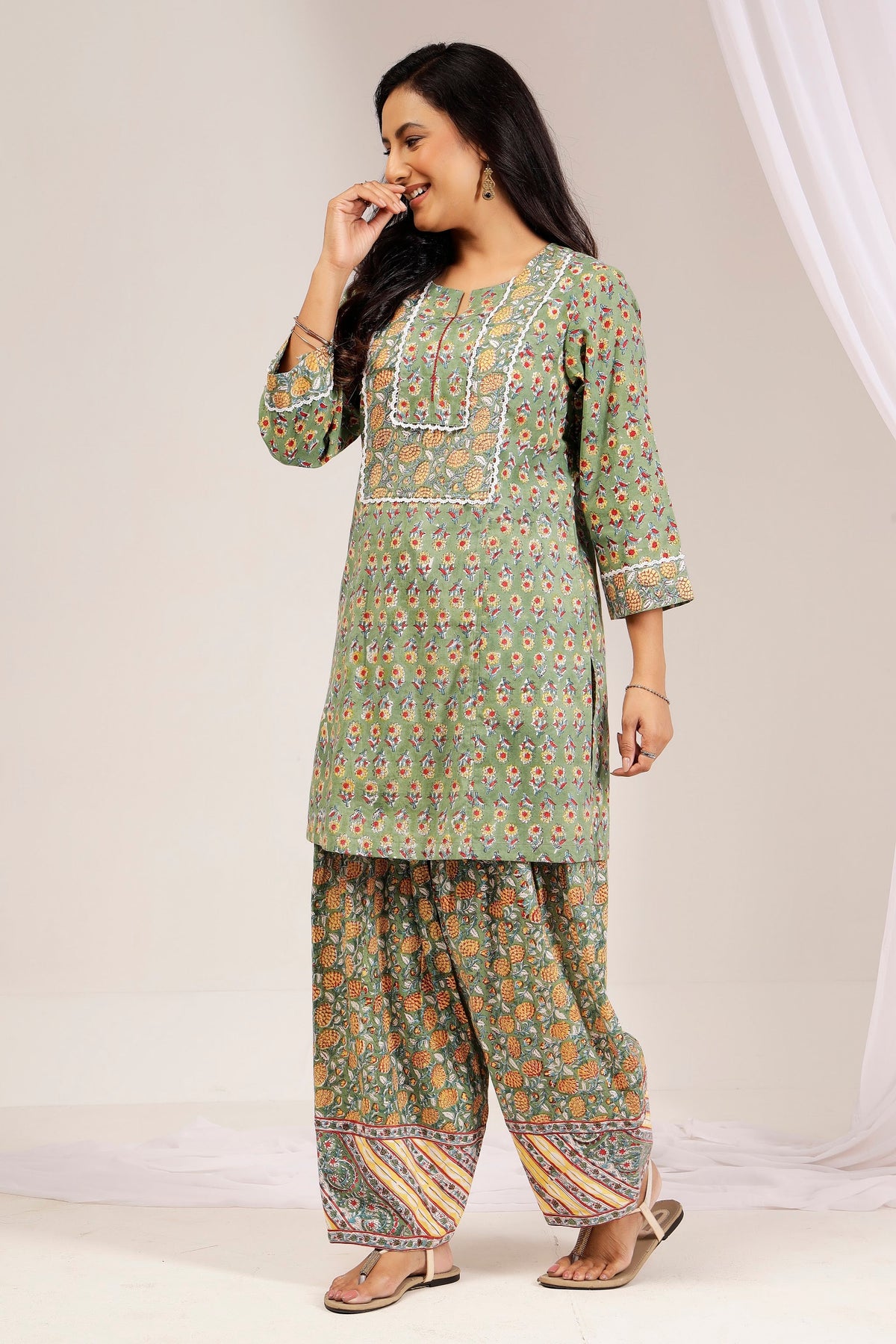 Green Printed Cotton Farshi Salwar Set