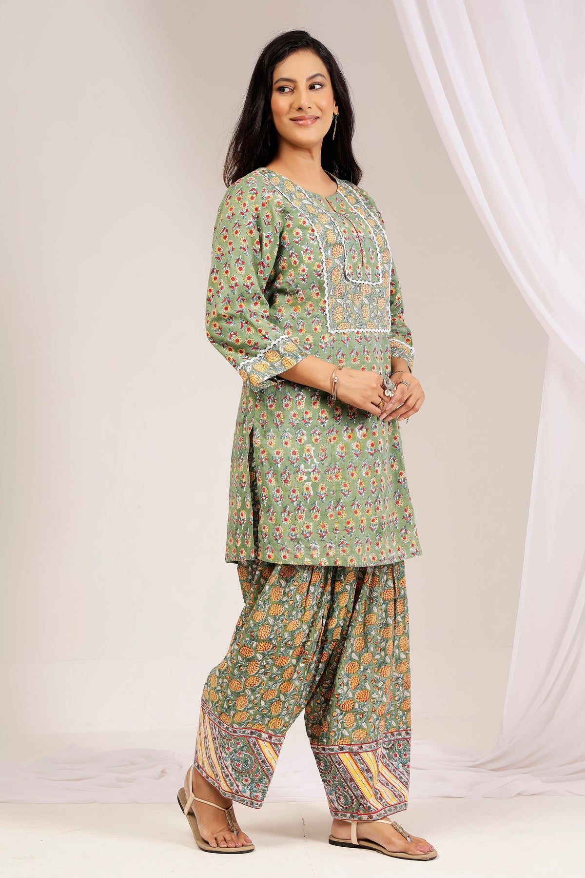 Green Printed Cotton Farshi Salwar Set