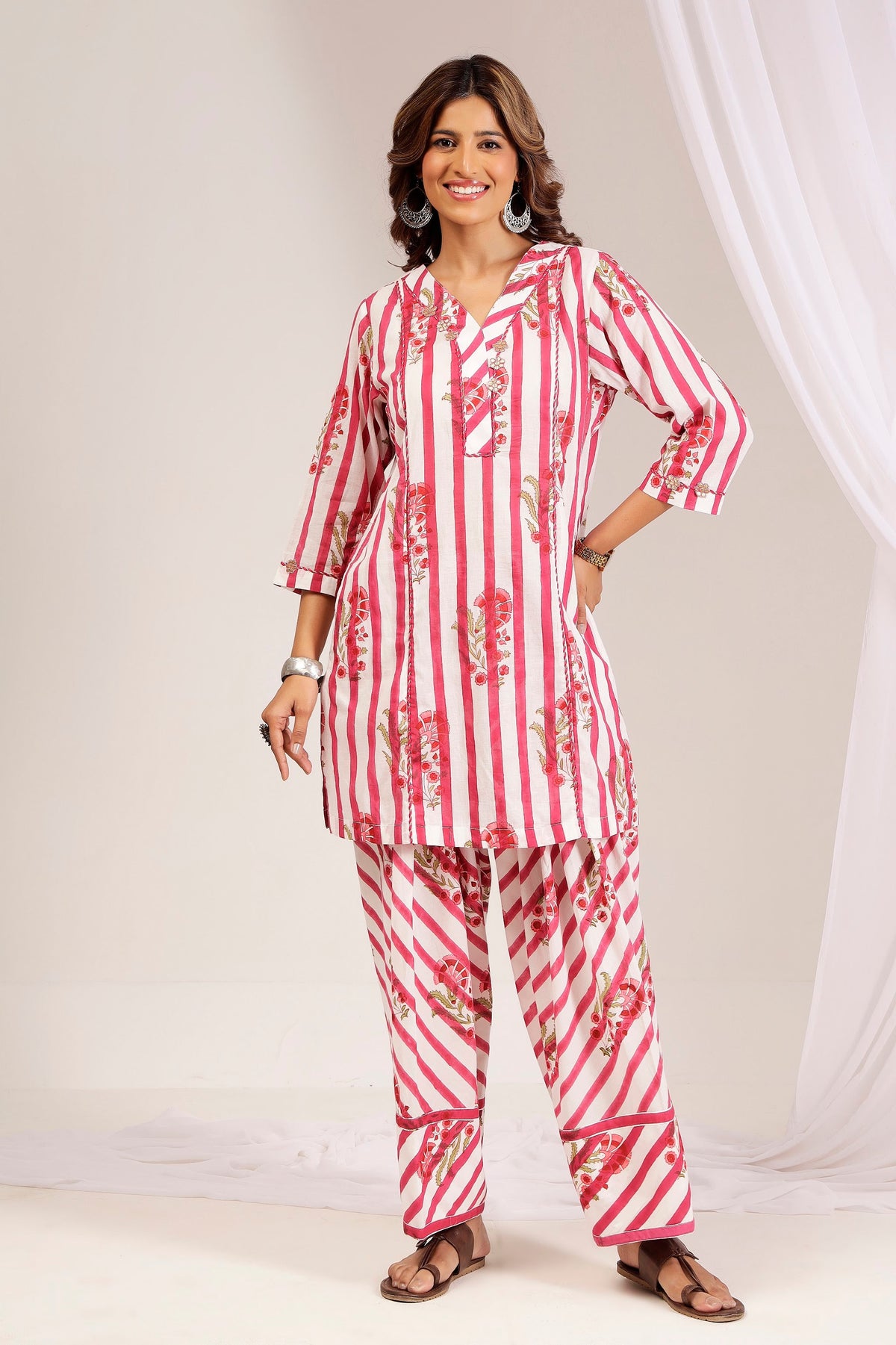 Pink Striped Cotton Mul Kurta Set