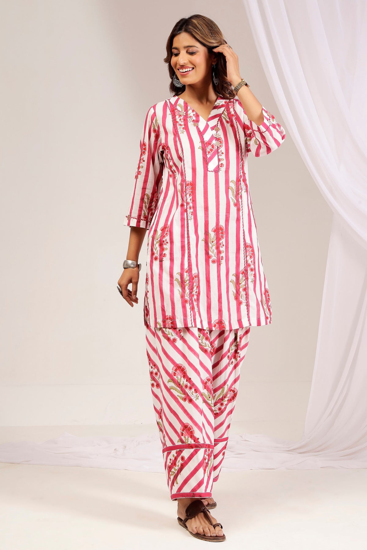 Pink Striped Cotton Mul Kurta Set