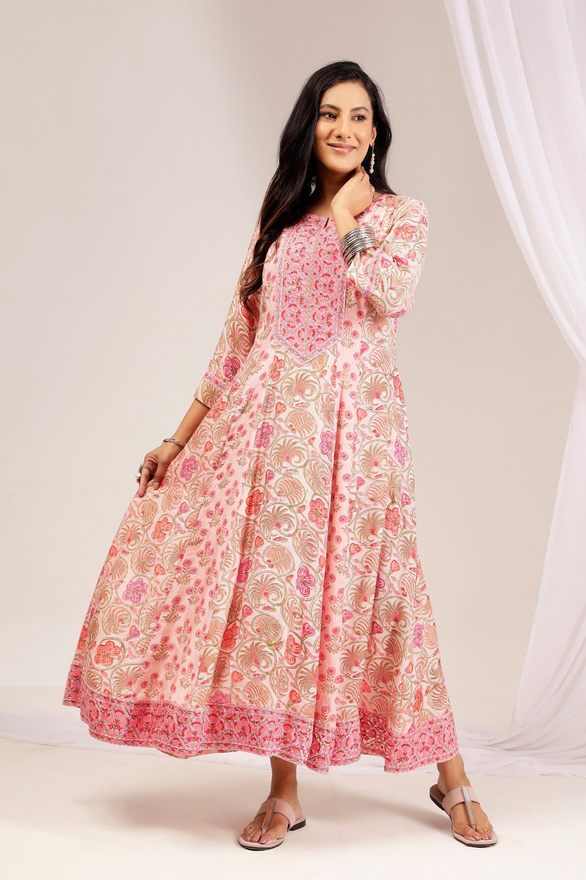 Pink Hand Block Printed Muslin A-Line Kali Dress