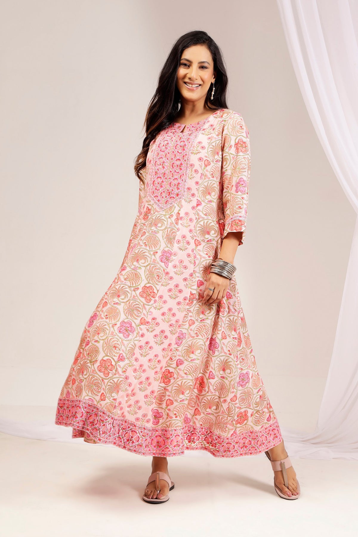 Pink Hand Block Printed Muslin A-Line Kali Dress