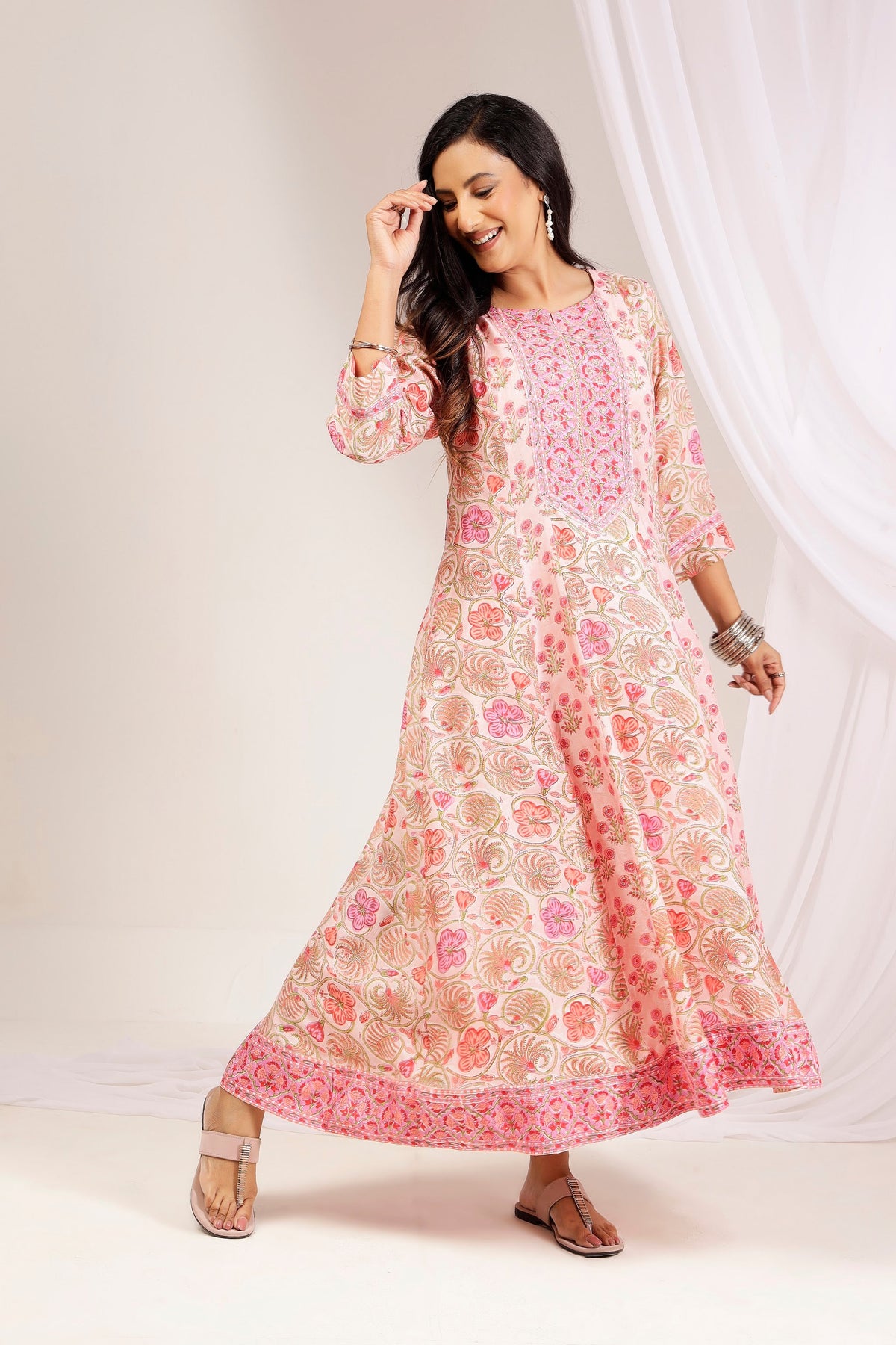 Pink Hand Block Printed Muslin A-Line Kali Dress
