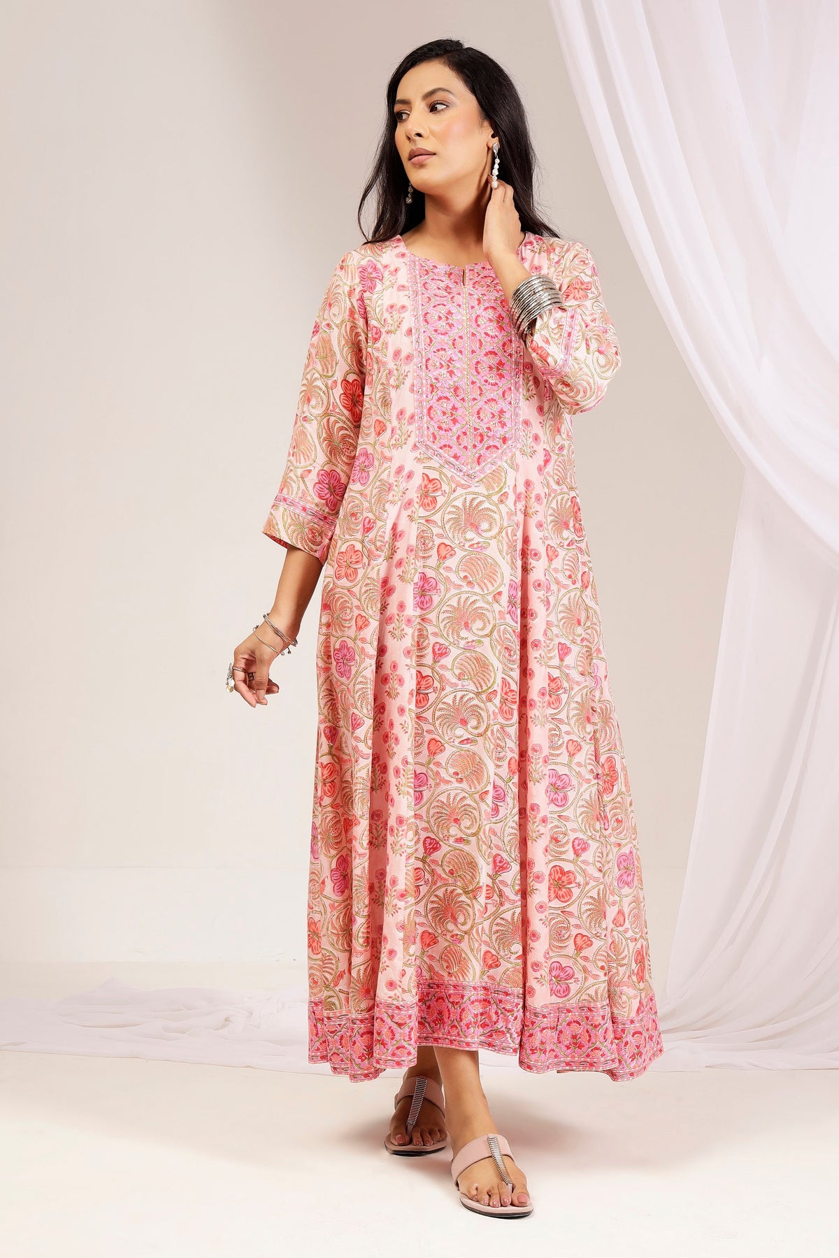 Pink Hand Block Printed Muslin A-Line Kali Dress