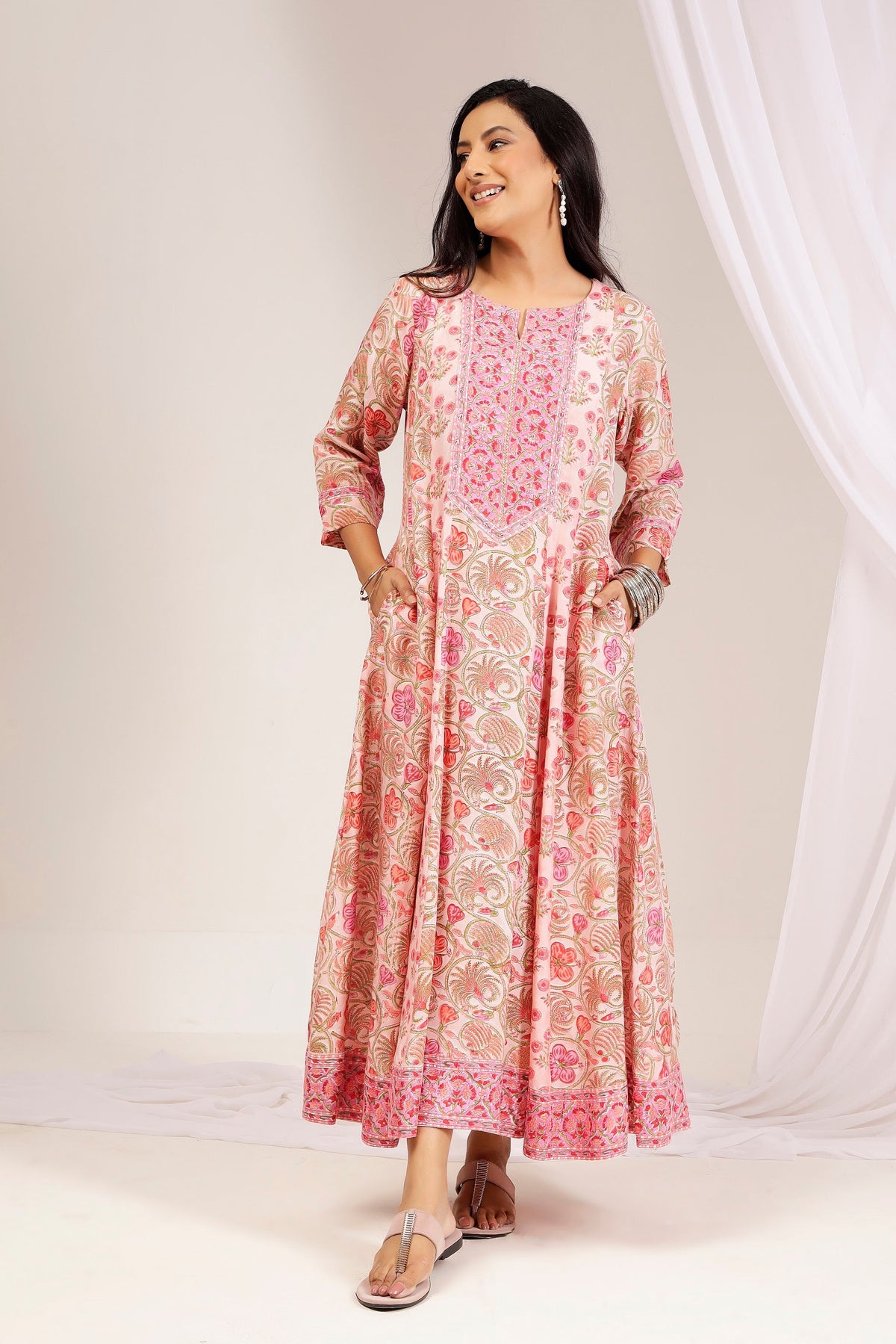 Pink Hand Block Printed Muslin A-Line Kali Dress
