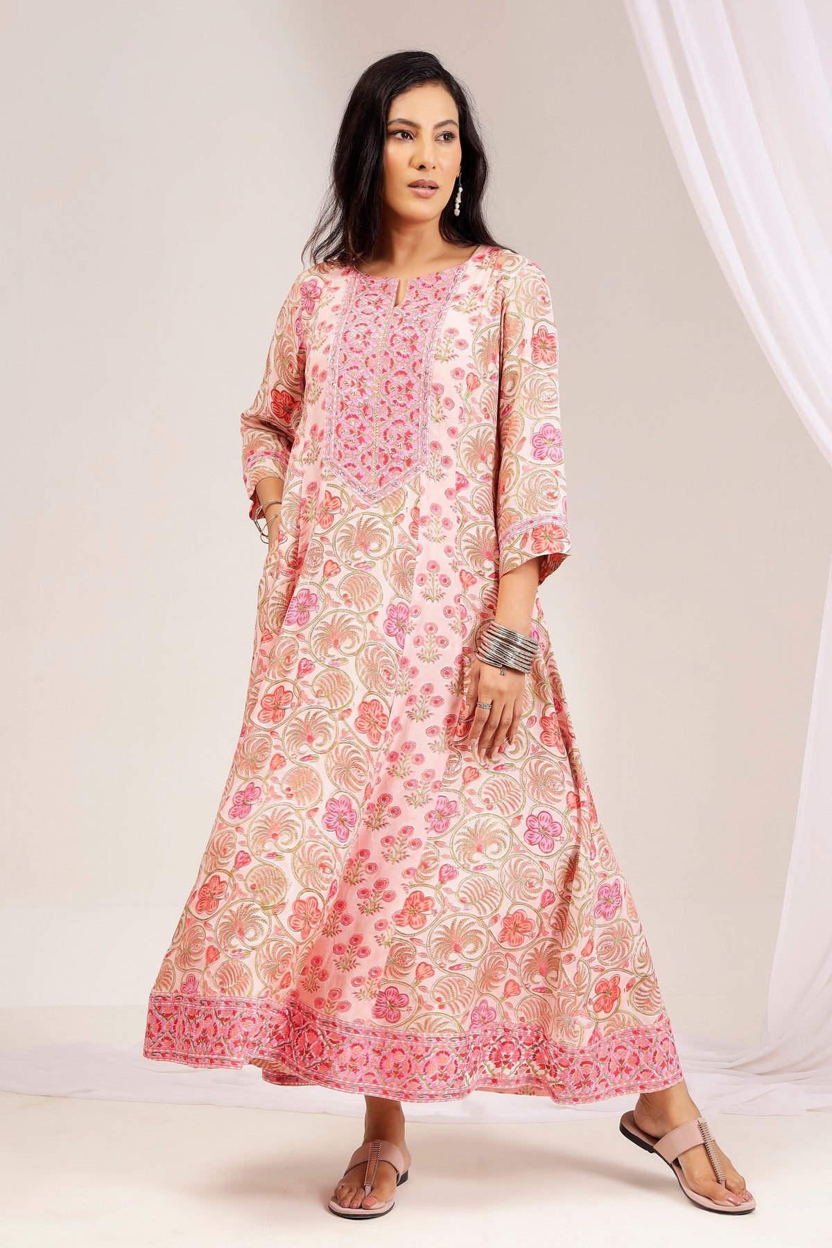 Pink Hand Block Printed Muslin A-Line Kali Dress