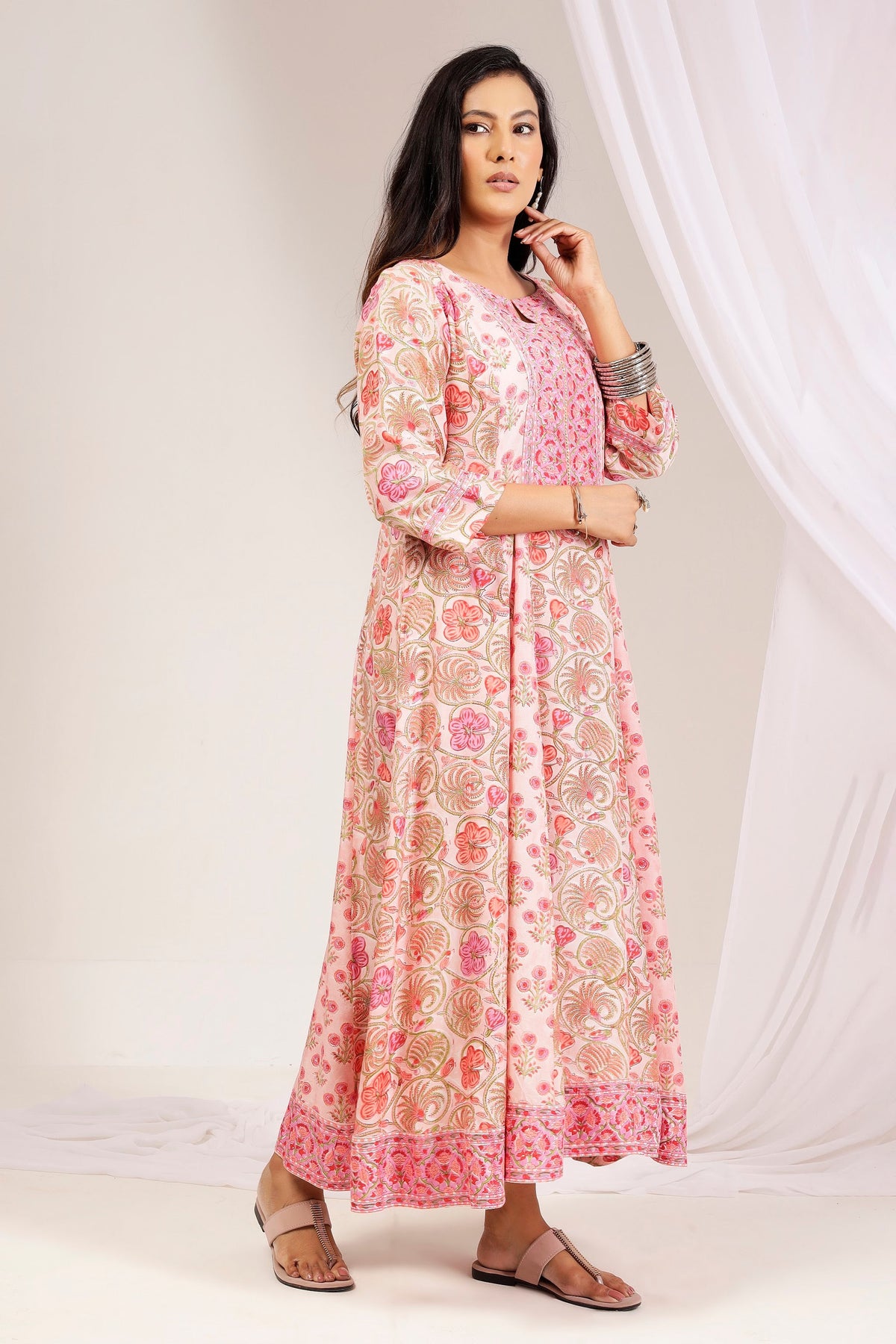 Pink Hand Block Printed Muslin A-Line Kali Dress