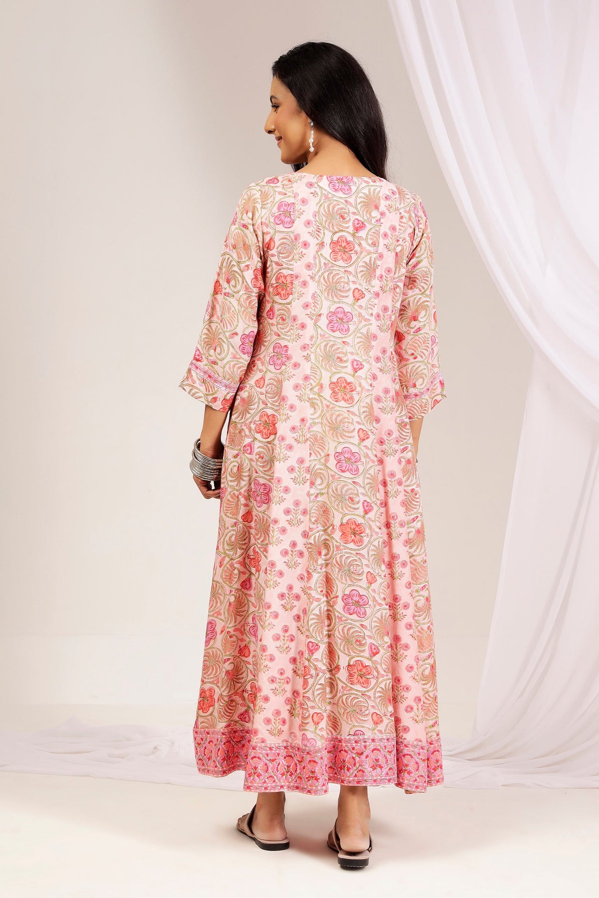 Pink Hand Block Printed Muslin A-Line Kali Dress