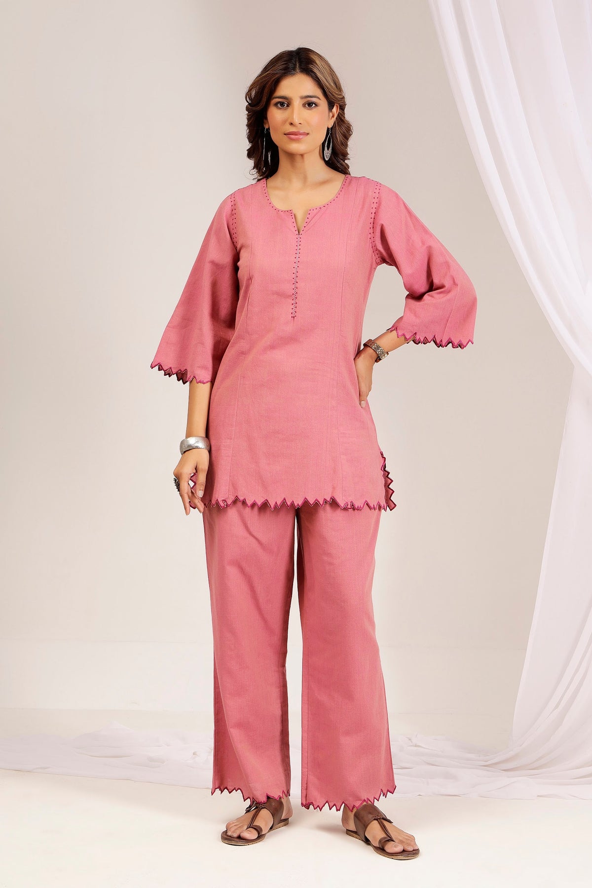 Handwoven Shot Cotton Embroidered Co-Ord Set – Pink