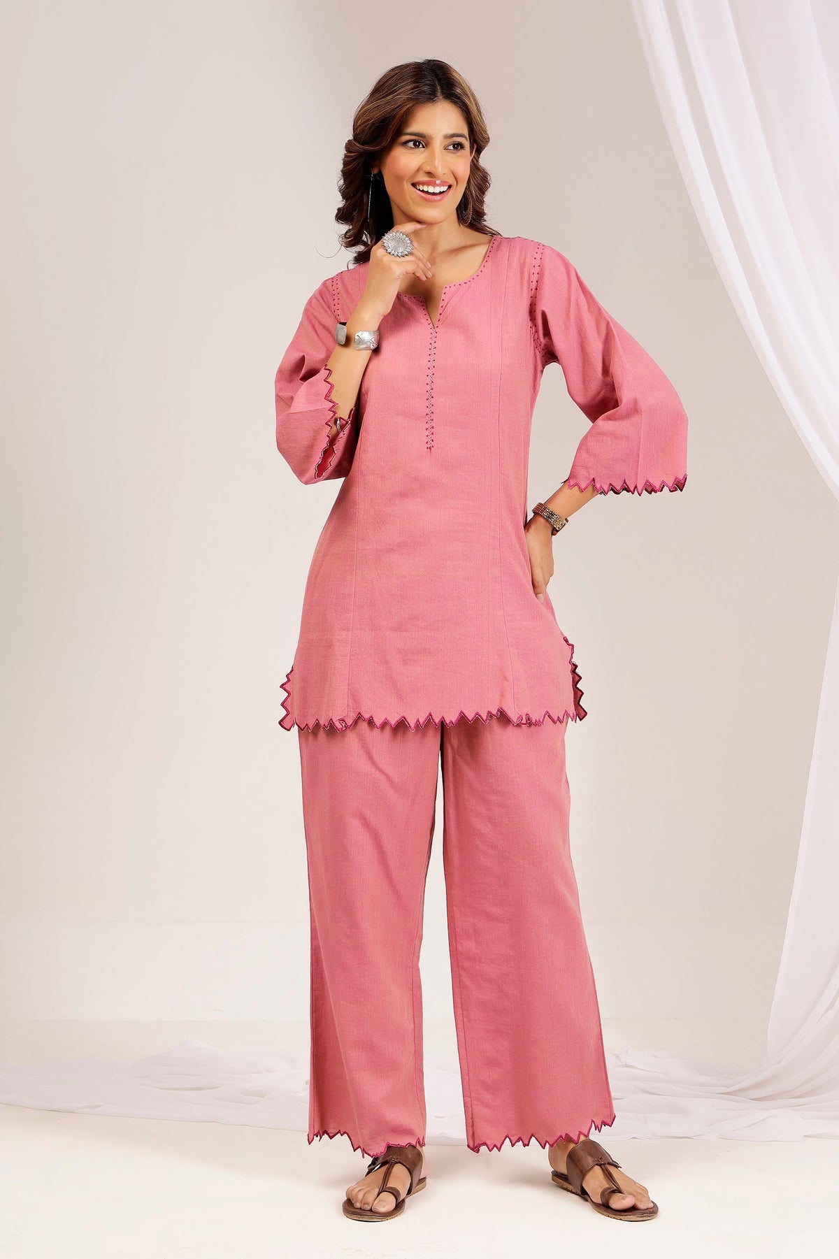 Handwoven Shot Cotton Embroidered Co-Ord Set – Pink