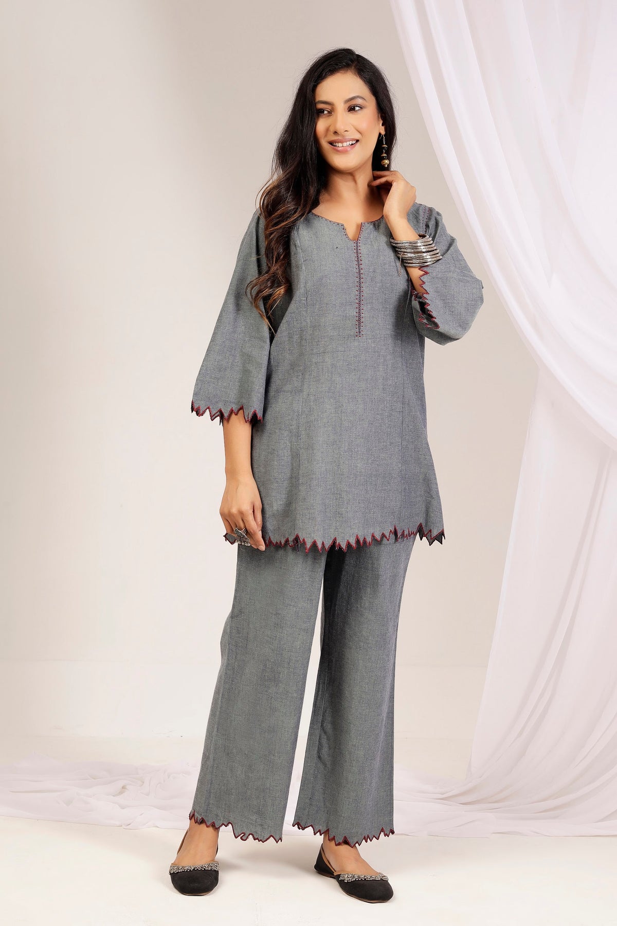 Handwoven Shot Cotton Embroidered Co-Ord Set – Grey