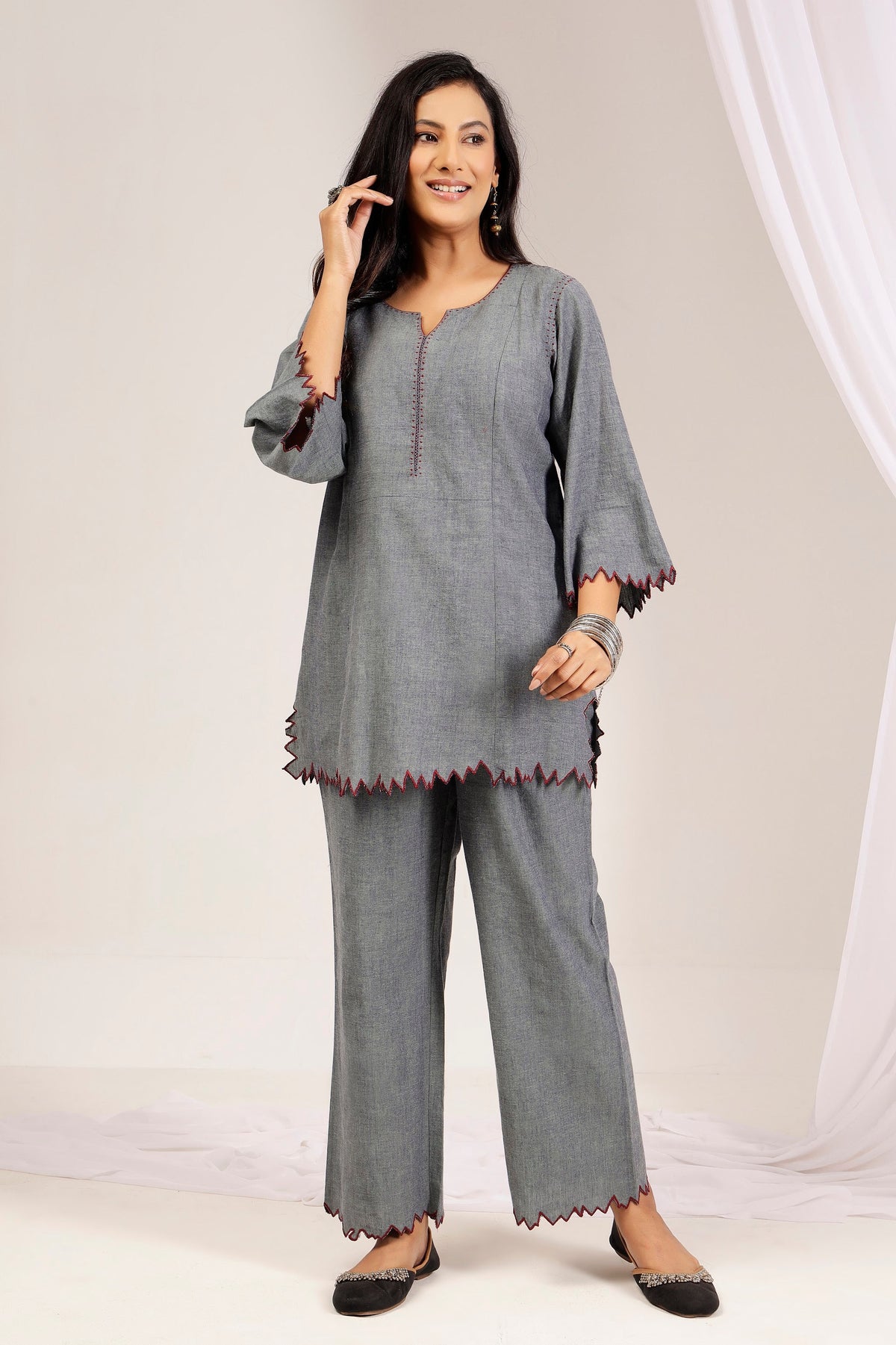 Handwoven Shot Cotton Embroidered Co-Ord Set – Grey