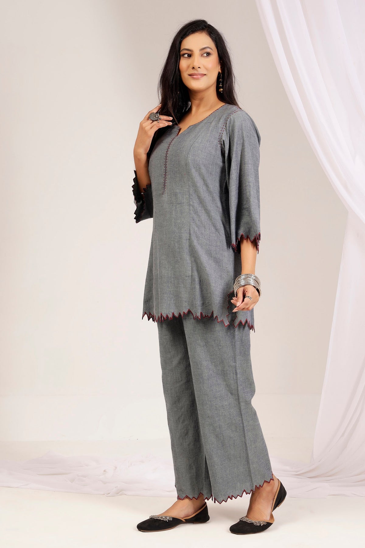 Handwoven Shot Cotton Embroidered Co-Ord Set – Grey