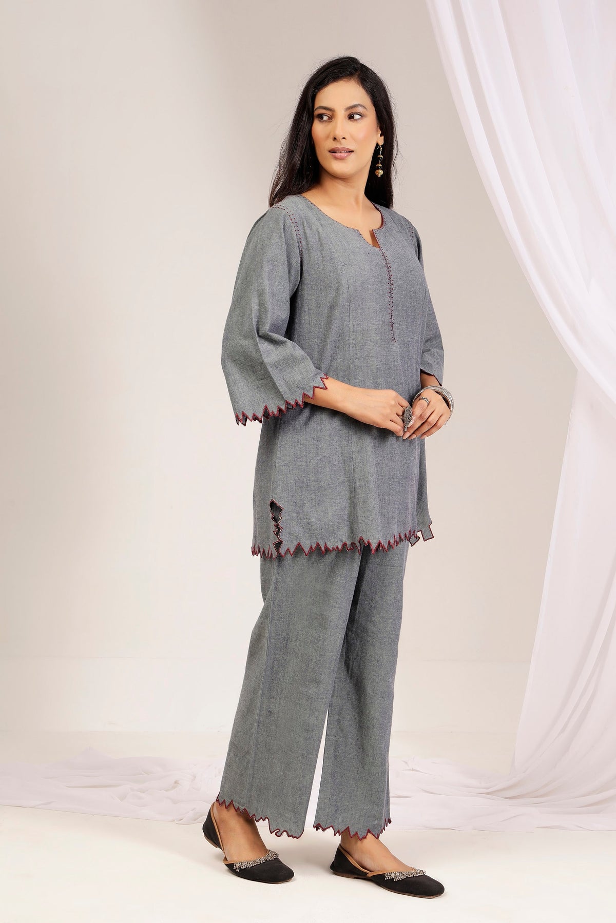 Handwoven Shot Cotton Embroidered Co-Ord Set – Grey