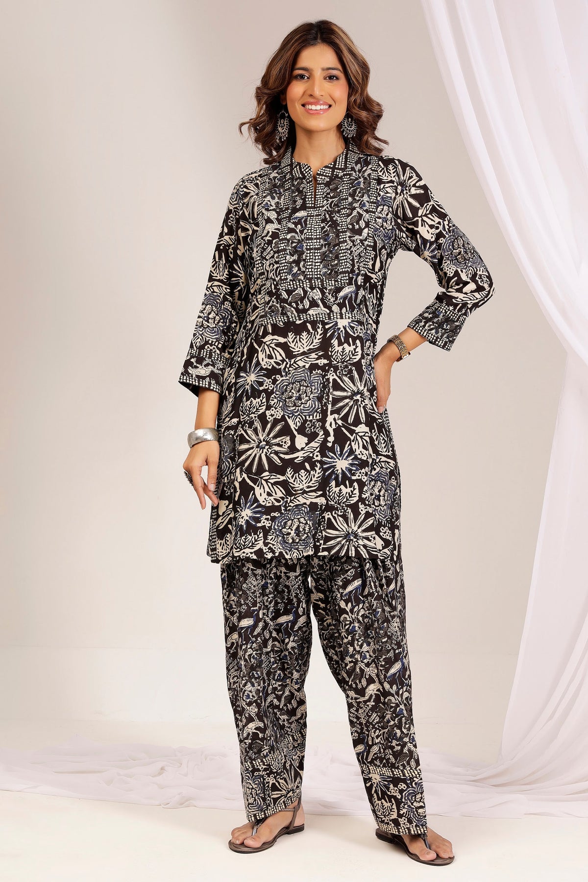 Black Bagru Block Print Muslin Farshi Salwar Co-Ord Set