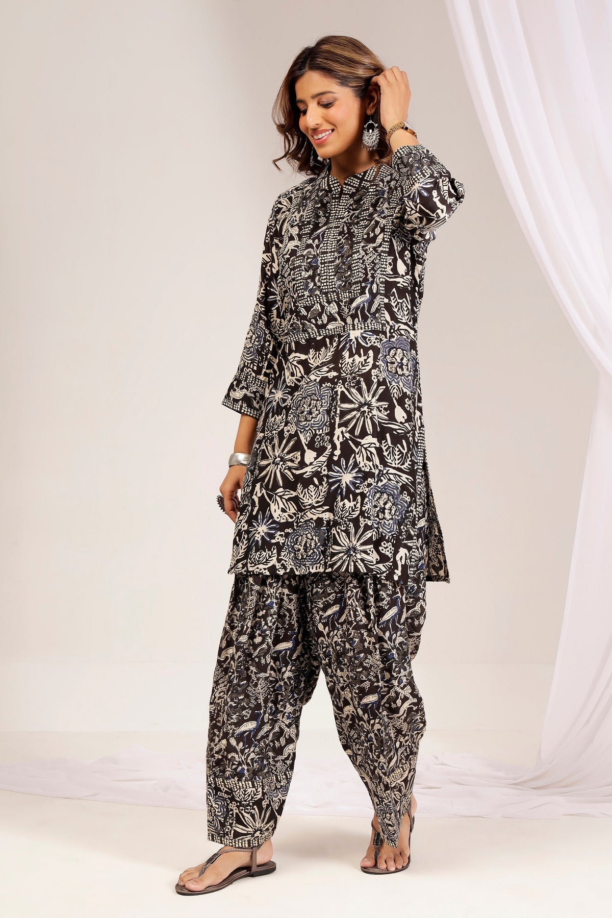 Black Bagru Block Print Muslin Farshi Salwar Co-Ord Set