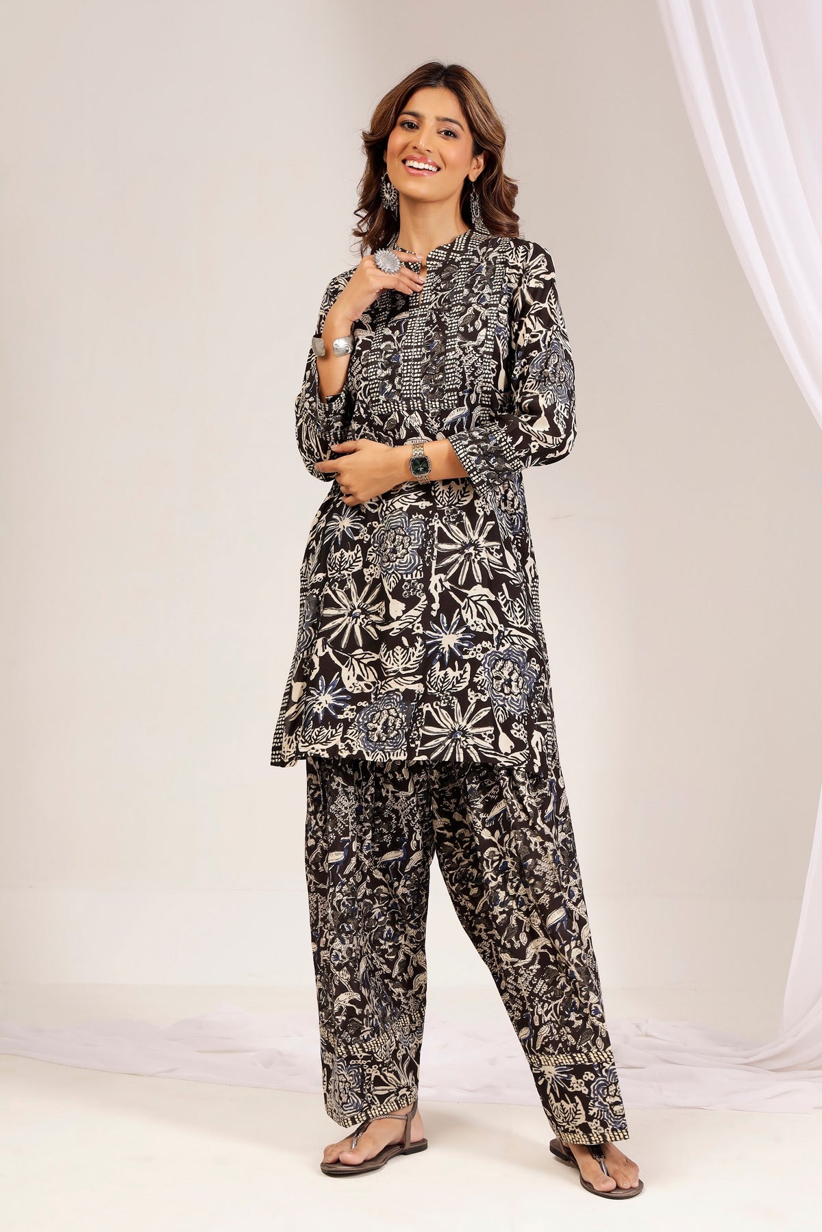 Black Bagru Block Print Muslin Farshi Salwar Co-Ord Set