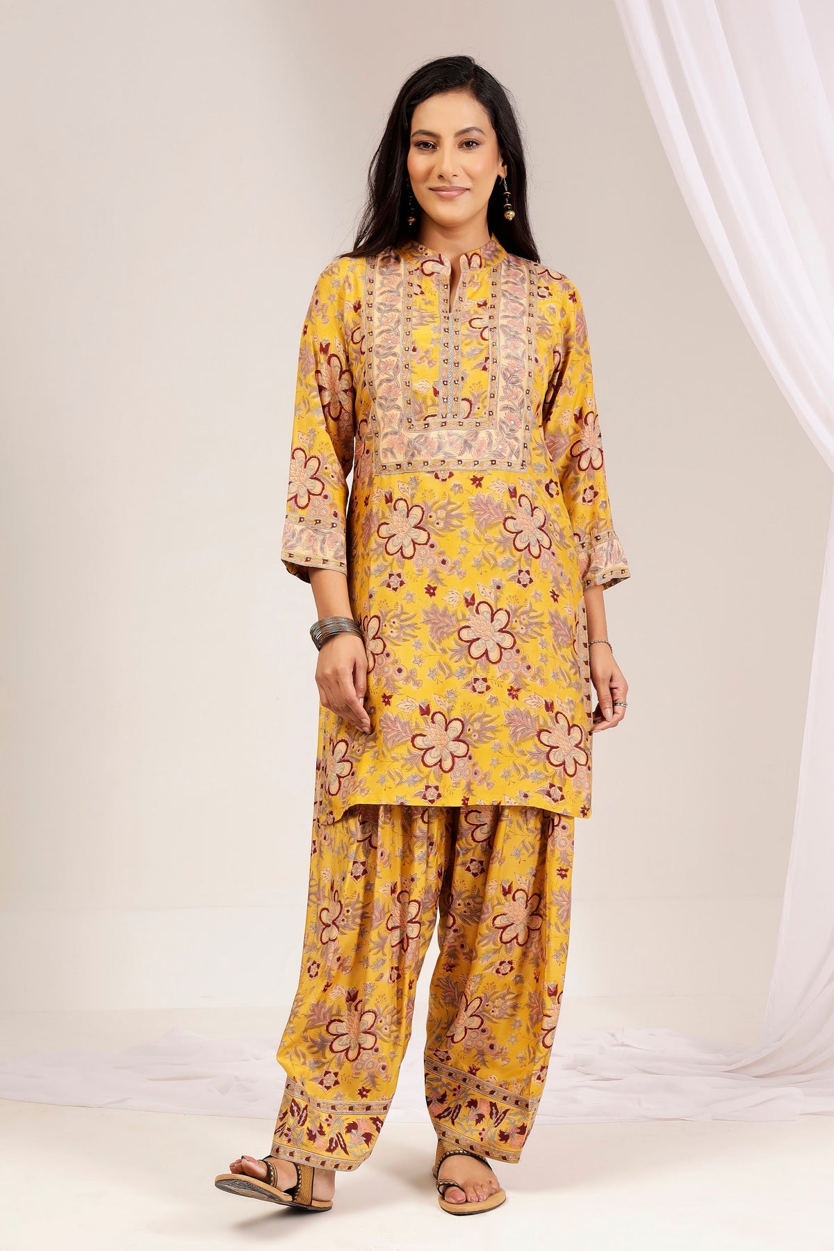 Yellow Bagru Block Print Muslin Farshi Salwar Co-Ord Set