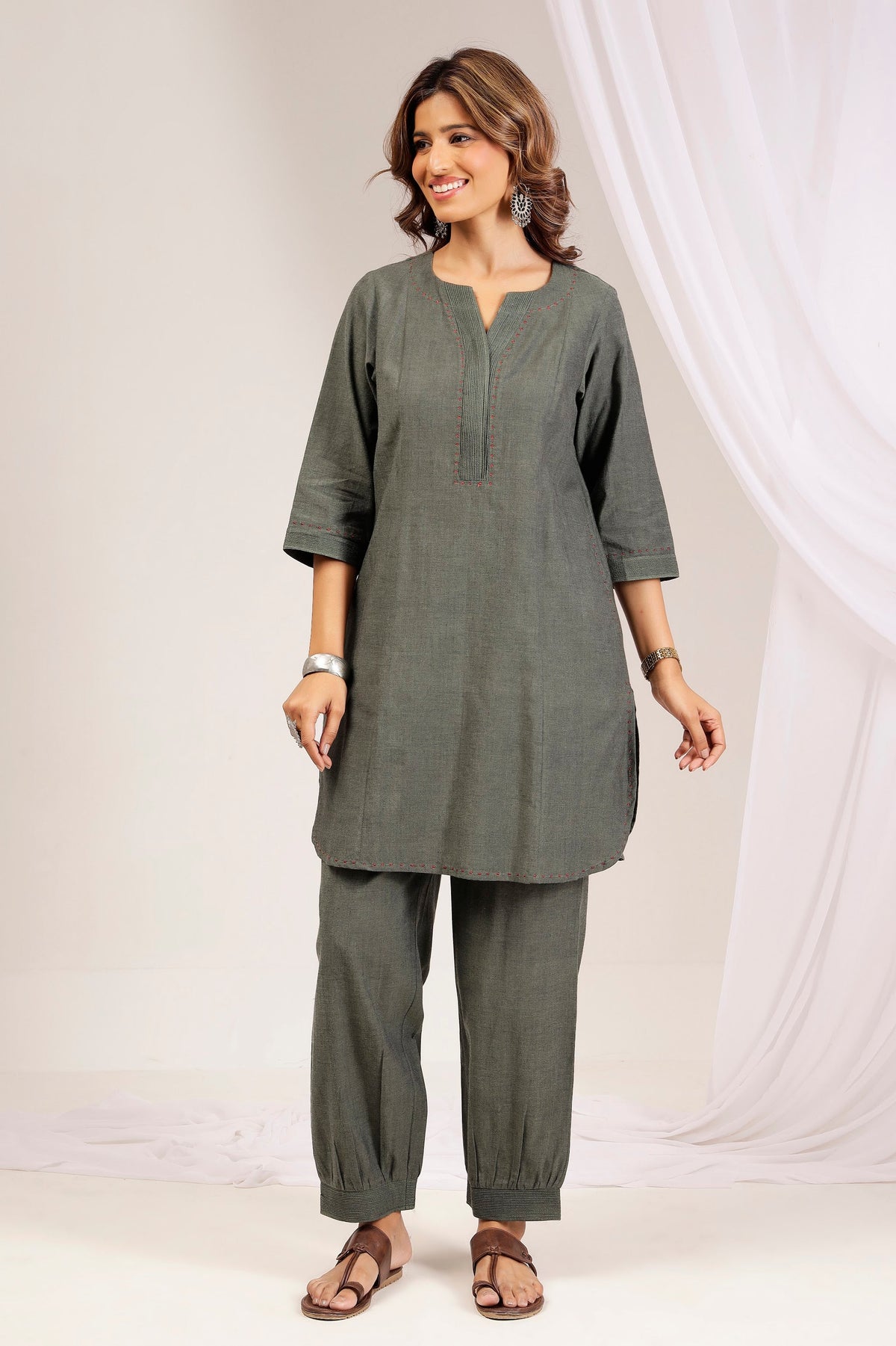 Green Handwoven Shot Cotton Embroidered Co-Ord Set