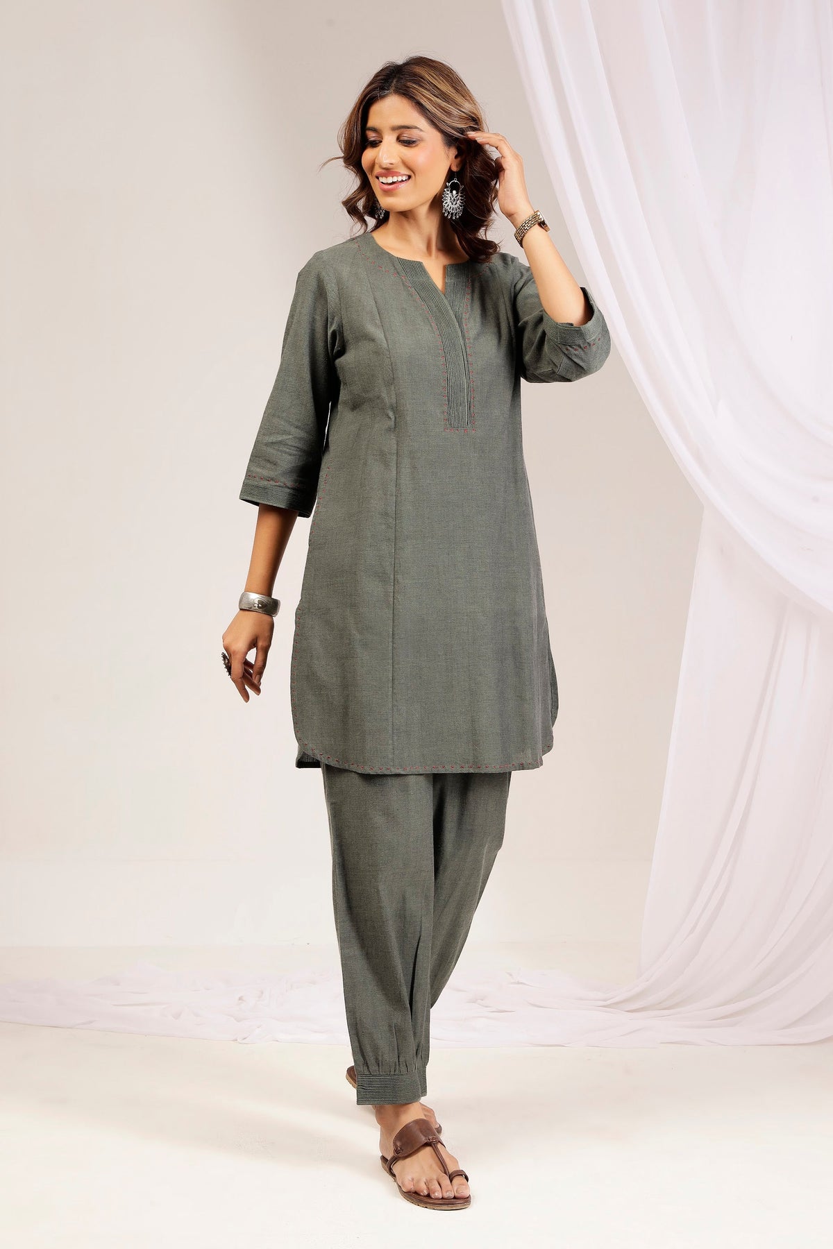Green Handwoven Shot Cotton Embroidered Co-Ord Set