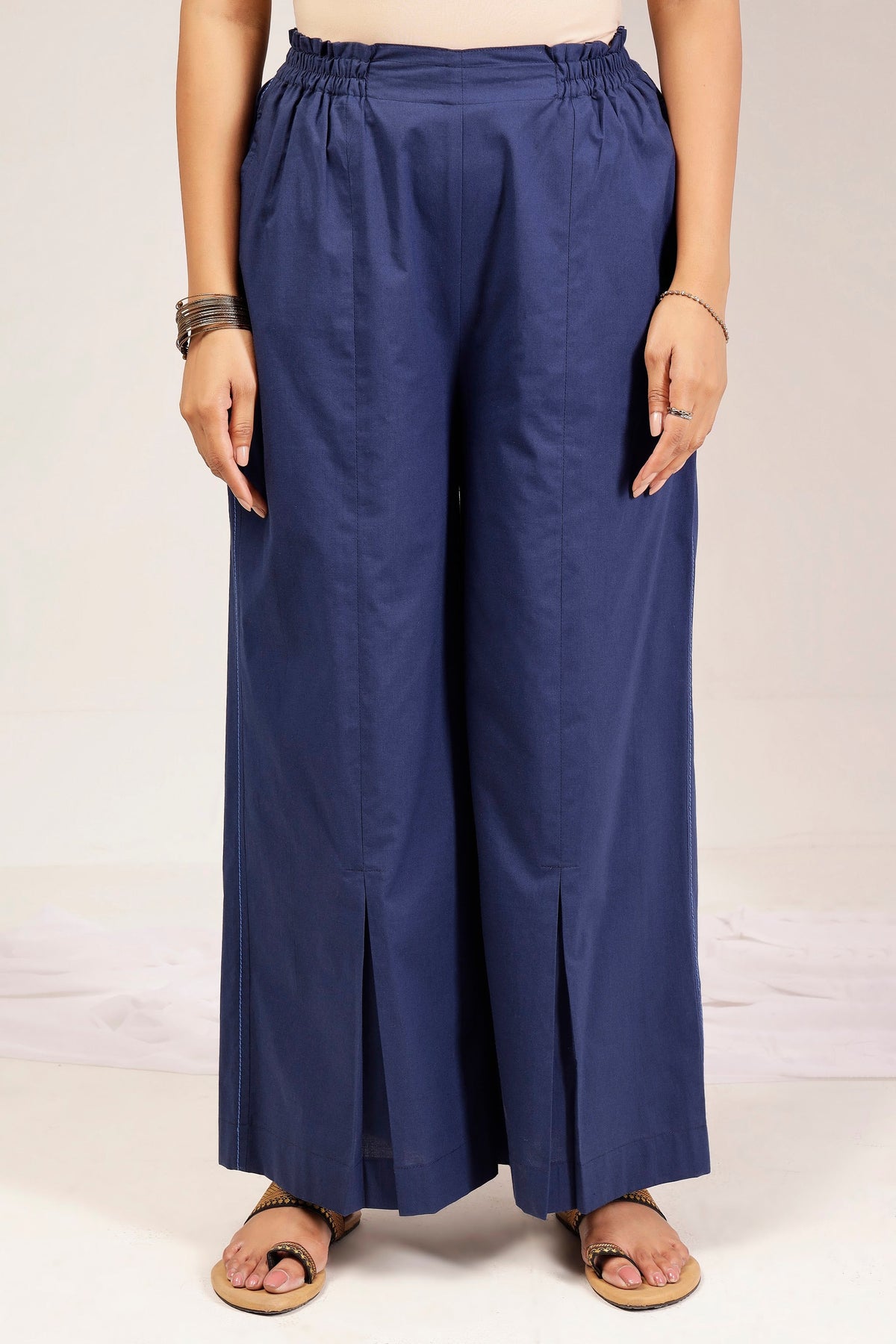 Navy Cotton Poplin Topstitch Shirt Tunic & Wide-Leg Pant Co-Ord Set
