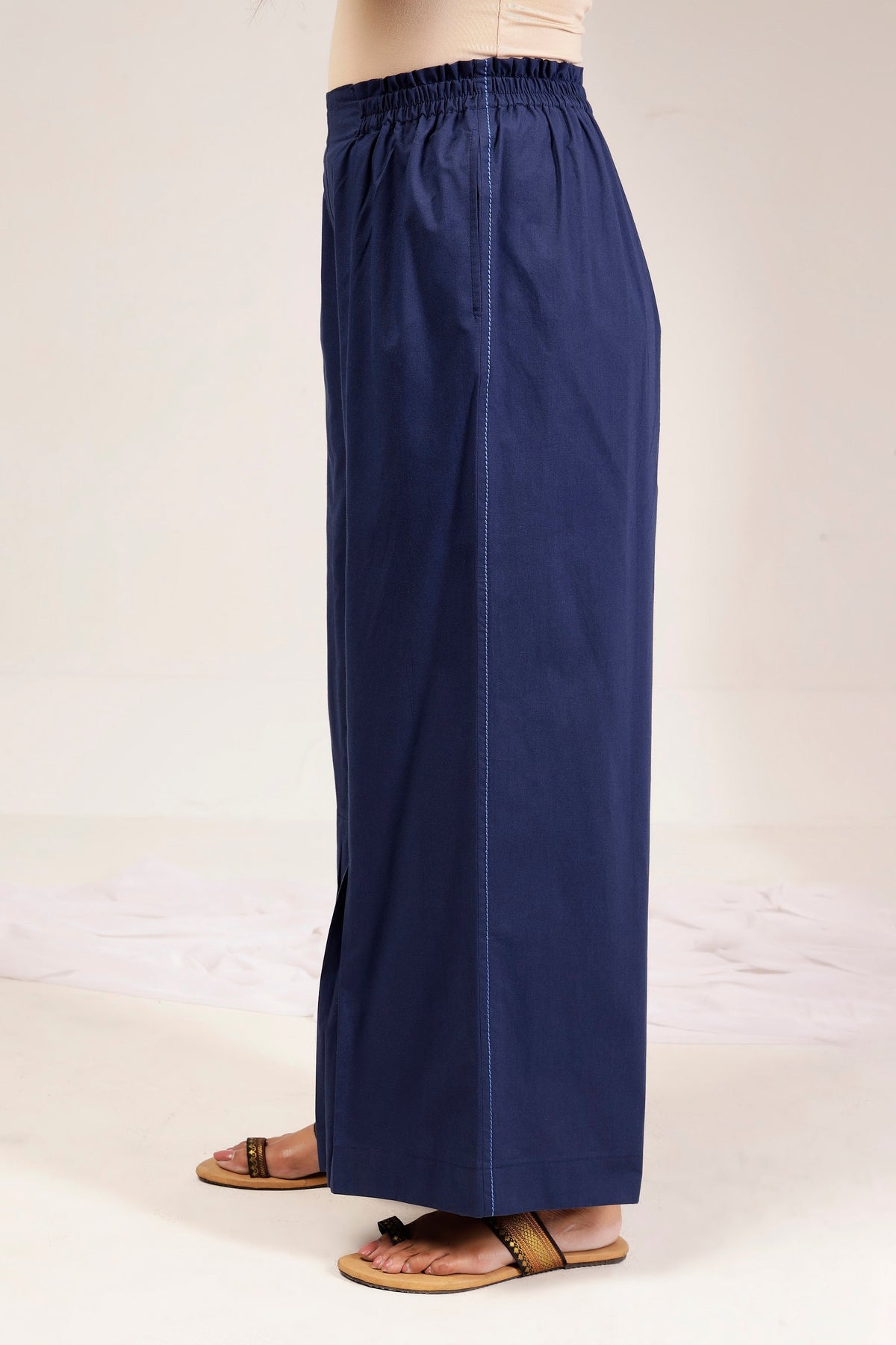 Navy Cotton Poplin Topstitch Shirt Tunic & Wide-Leg Pant Co-Ord Set