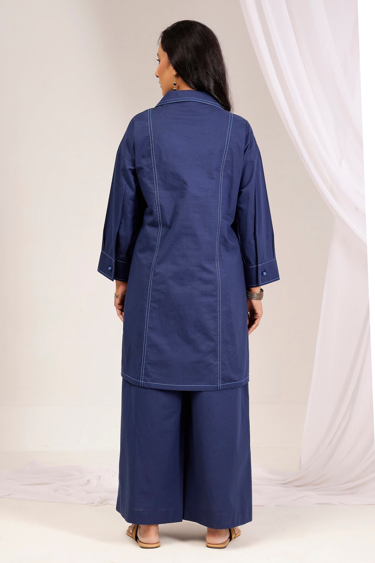 Navy Cotton Poplin Topstitch Shirt Tunic & Wide-Leg Pant Co-Ord Set