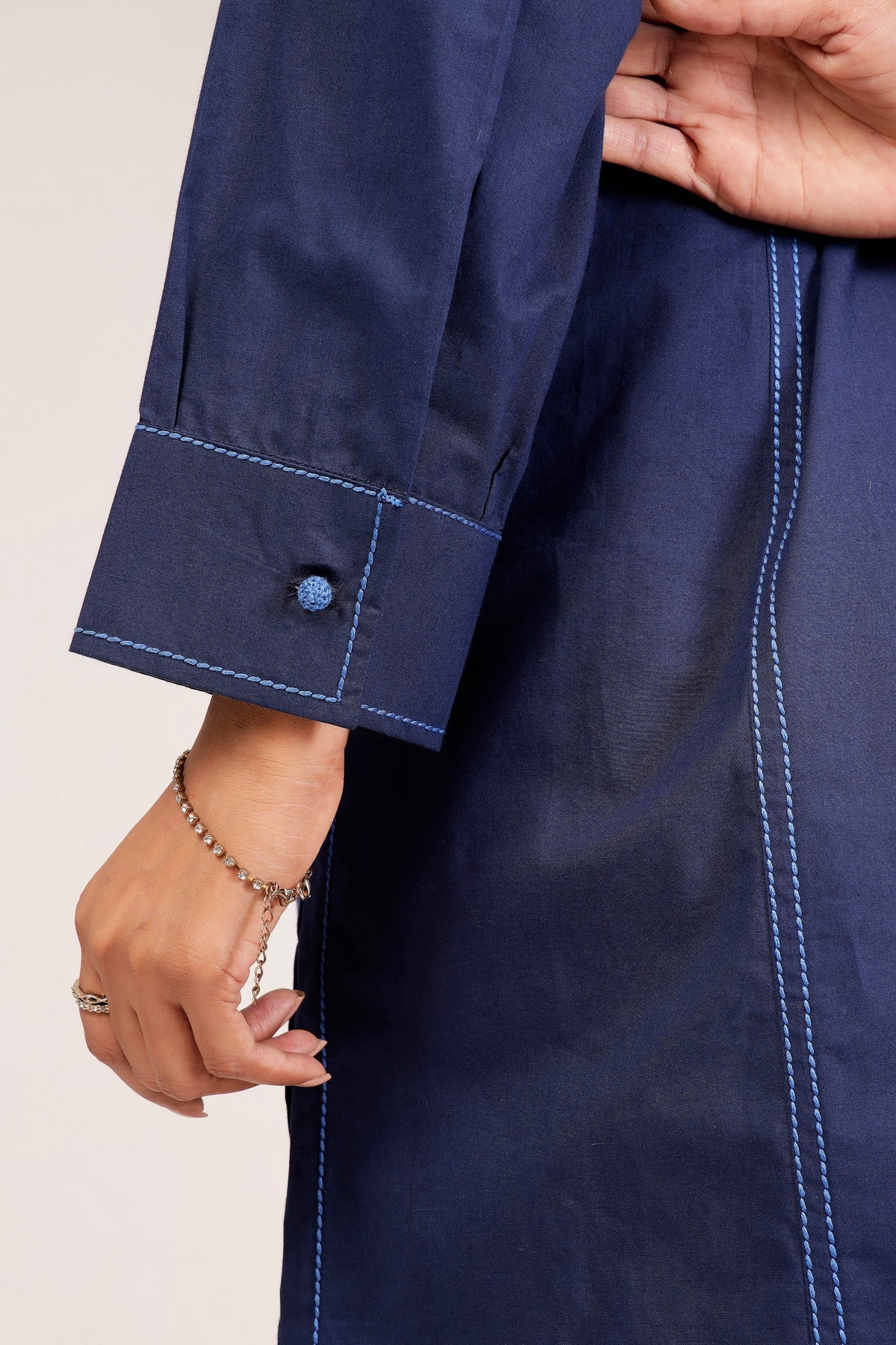 Navy Cotton Poplin Topstitch Shirt Tunic & Wide-Leg Pant Co-Ord Set