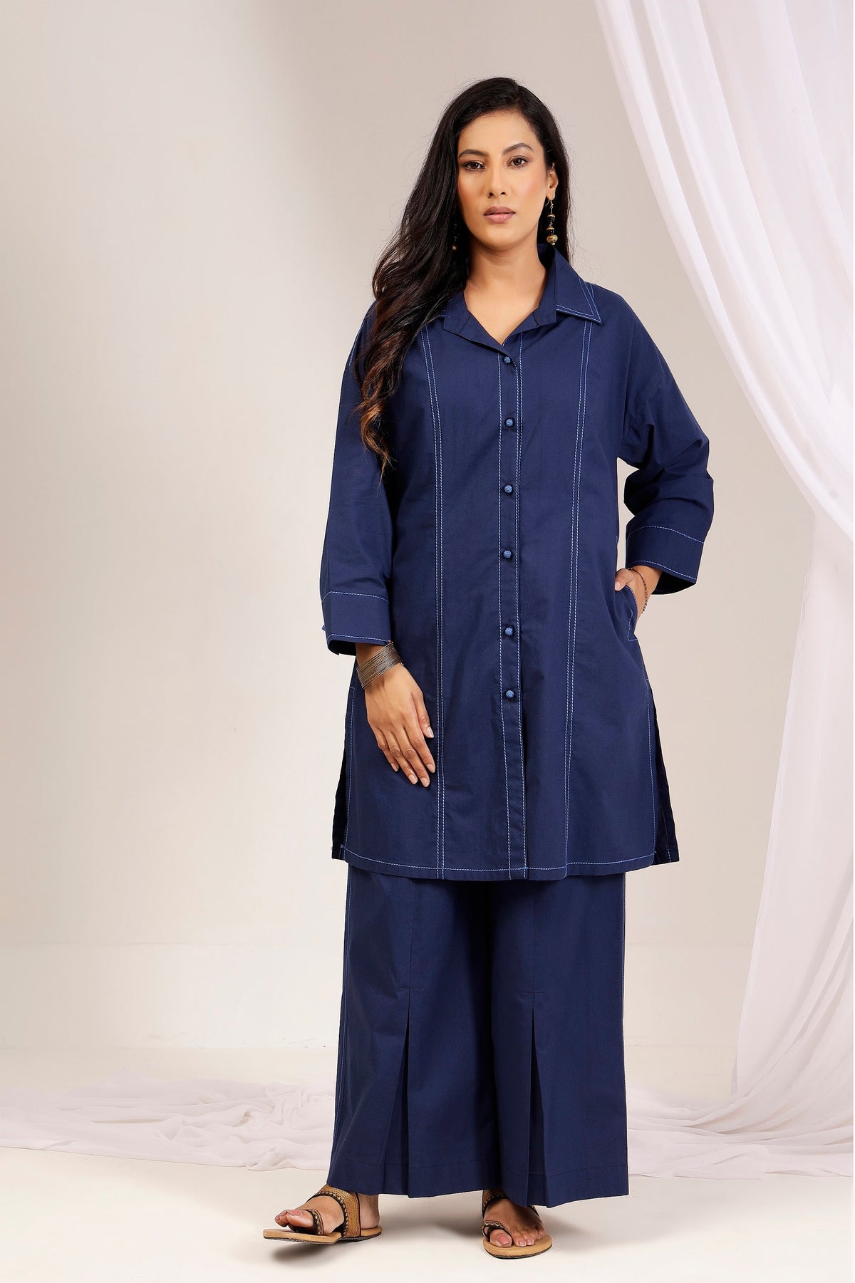 Navy Cotton Poplin Topstitch Shirt Tunic & Wide-Leg Pant Co-Ord Set