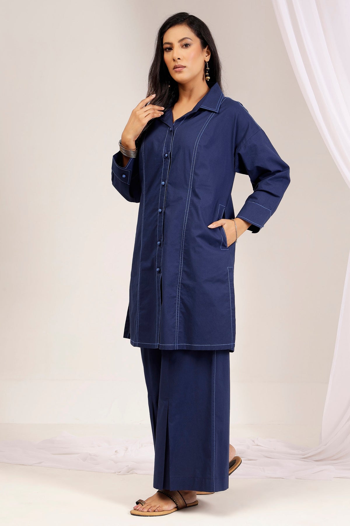 Navy Cotton Poplin Topstitch Shirt Tunic & Wide-Leg Pant Co-Ord Set