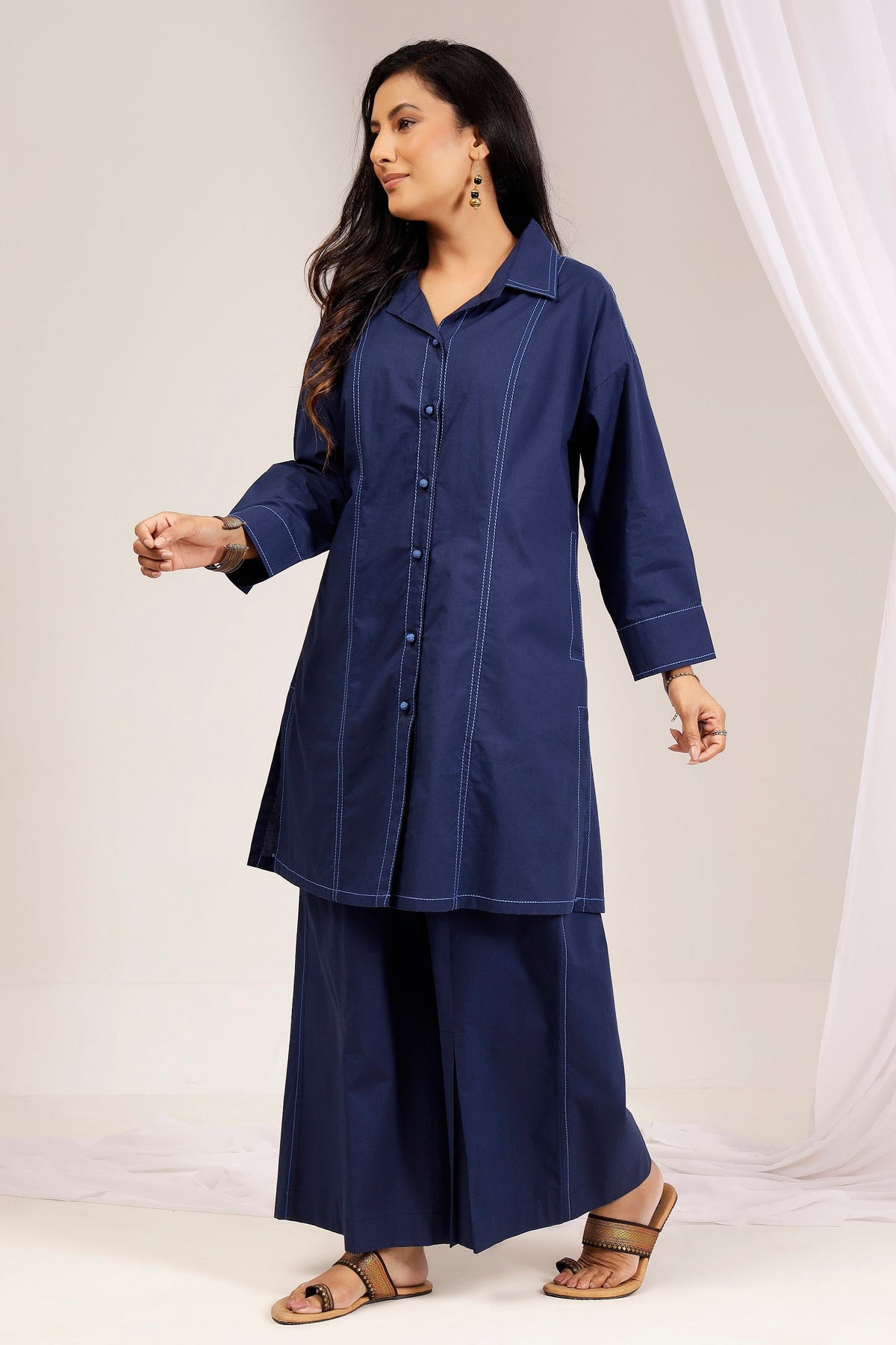 Navy Cotton Poplin Topstitch Shirt Tunic & Wide-Leg Pant Co-Ord Set