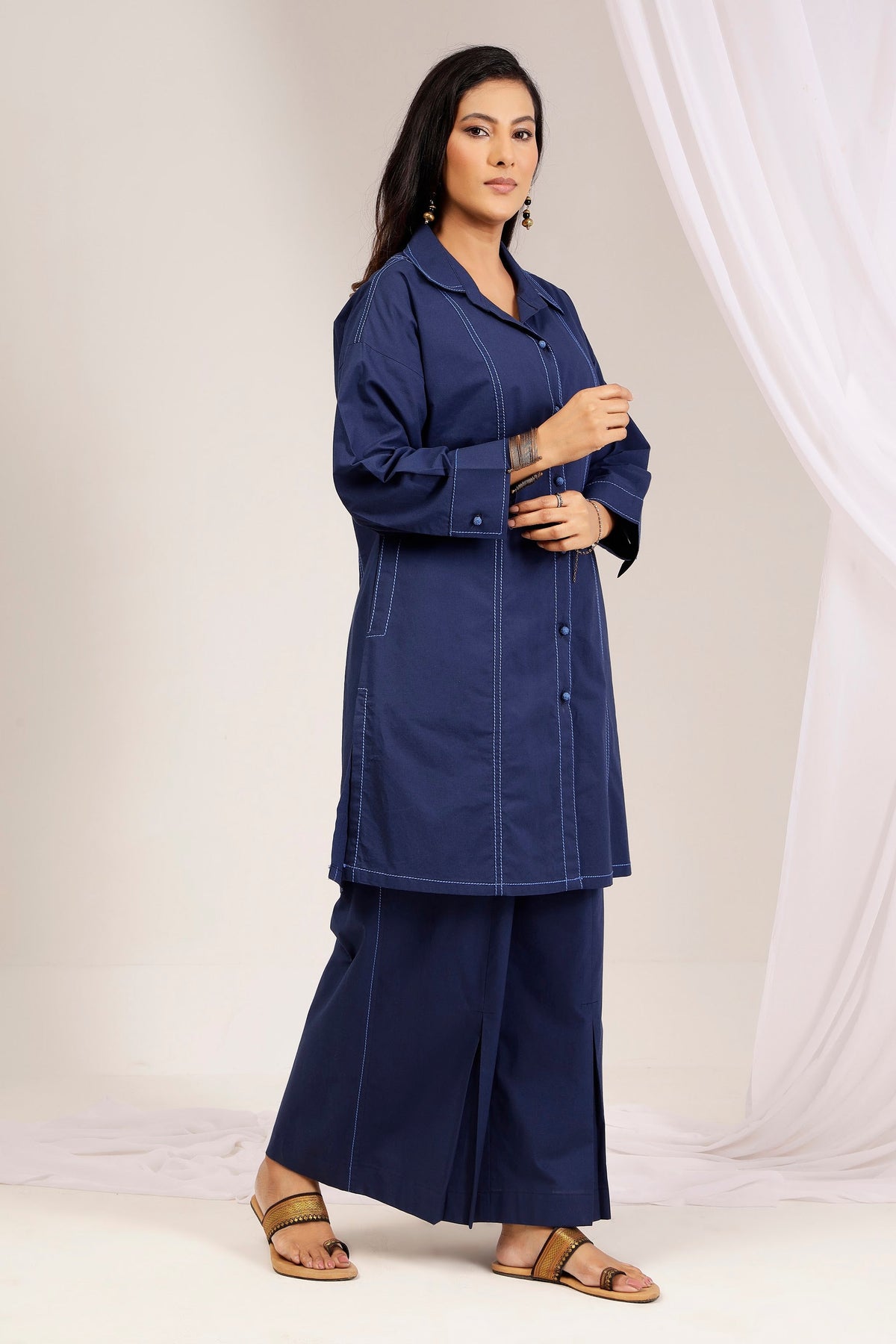 Navy Cotton Poplin Topstitch Shirt Tunic & Wide-Leg Pant Co-Ord Set