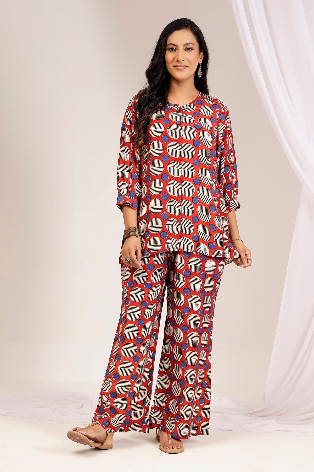 Rust Brick Geometric Bagru Print Muslin Cotton Co-Ord Set