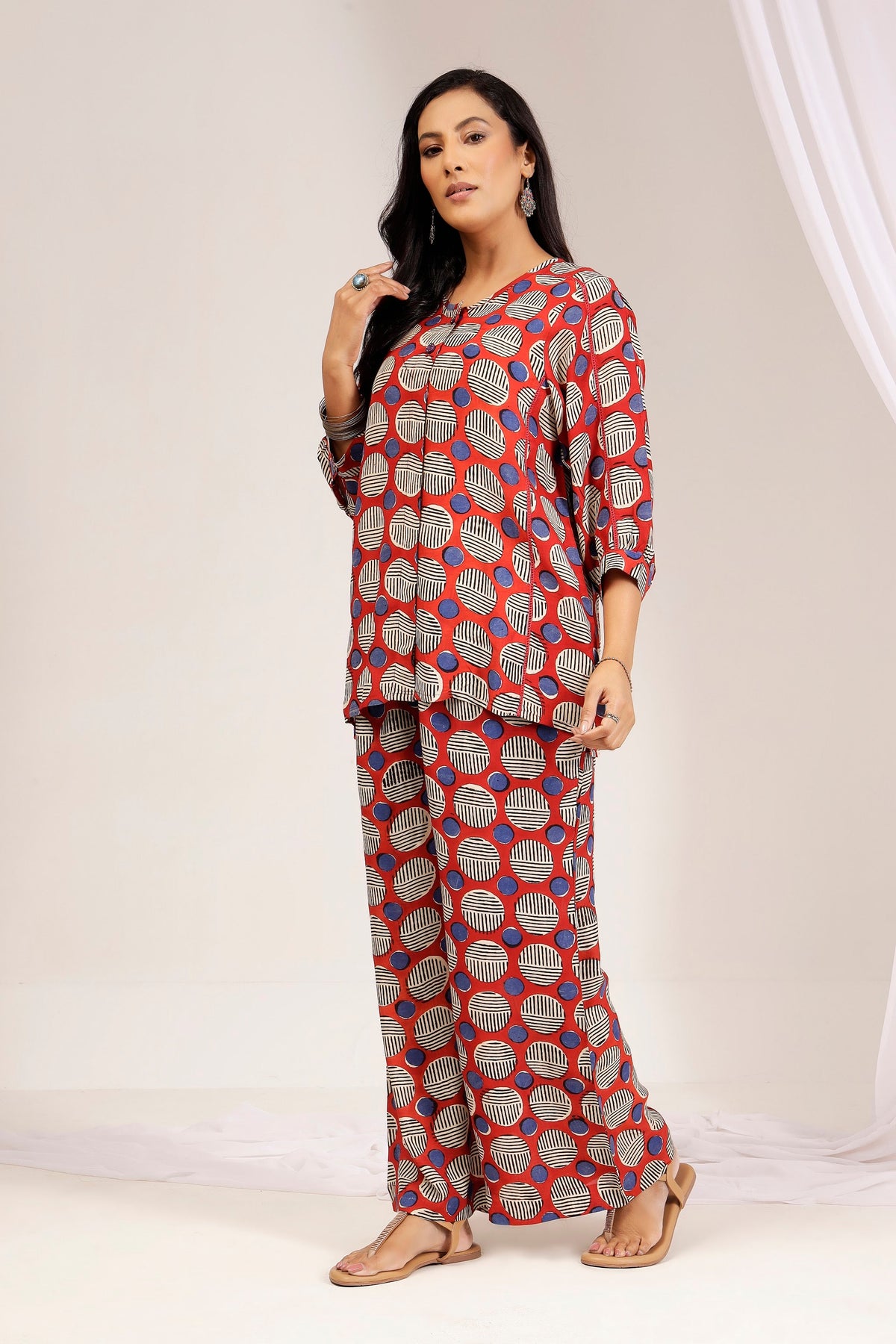 Rust Brick Geometric Bagru Print Muslin Cotton Co-Ord Set