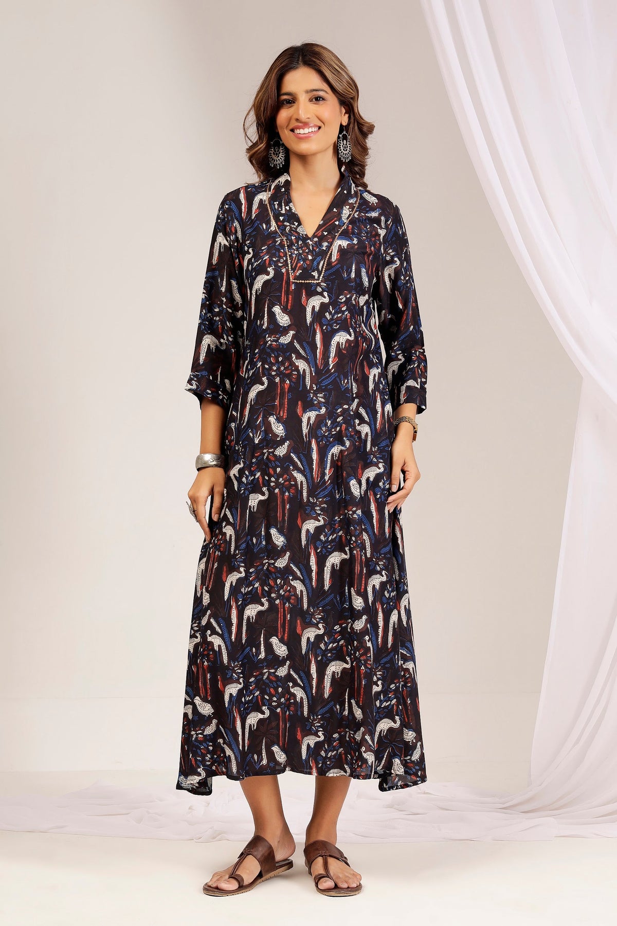 Indigo & Madder Muslin A-Line Midi Dress