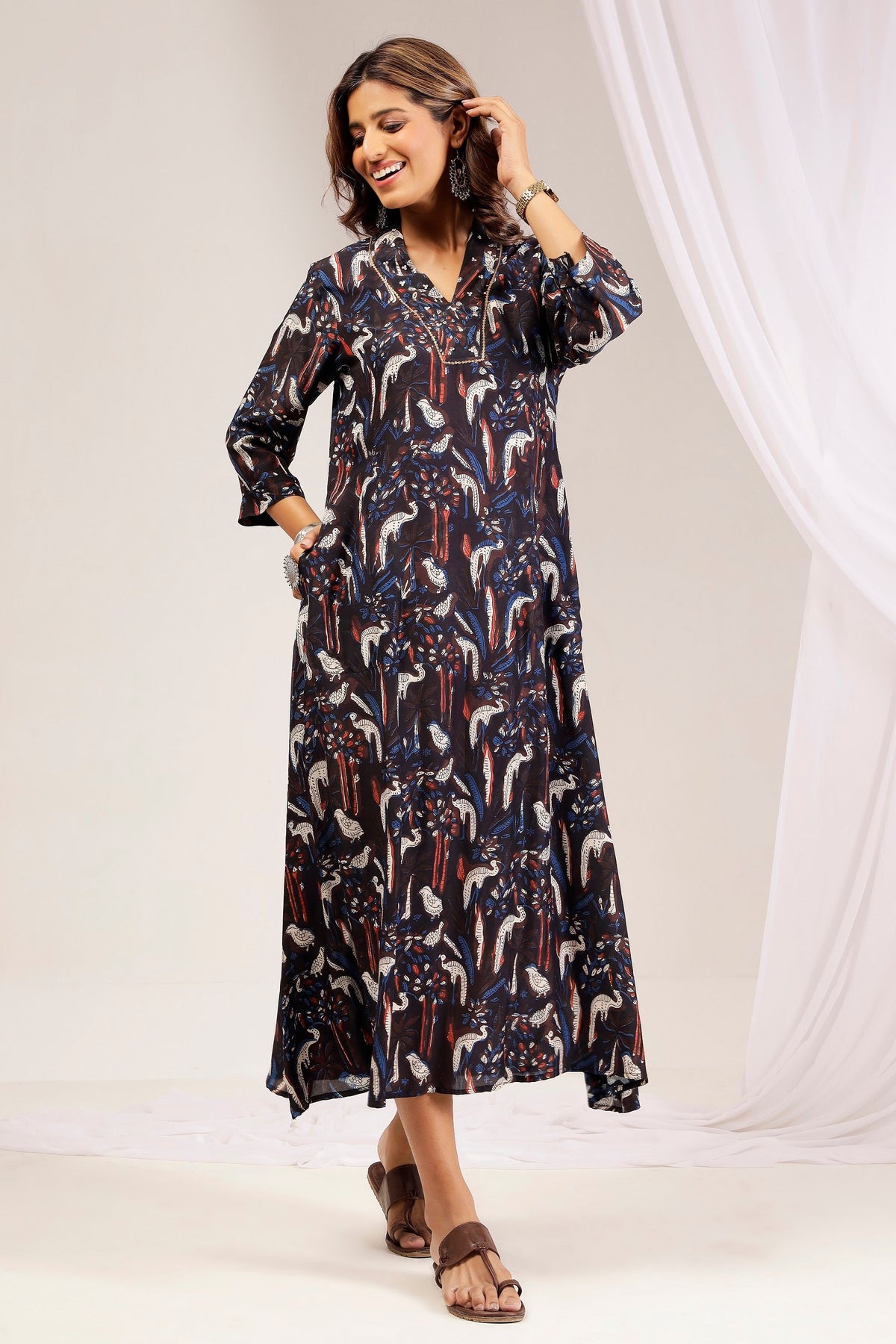 Indigo & Madder Muslin A-Line Midi Dress