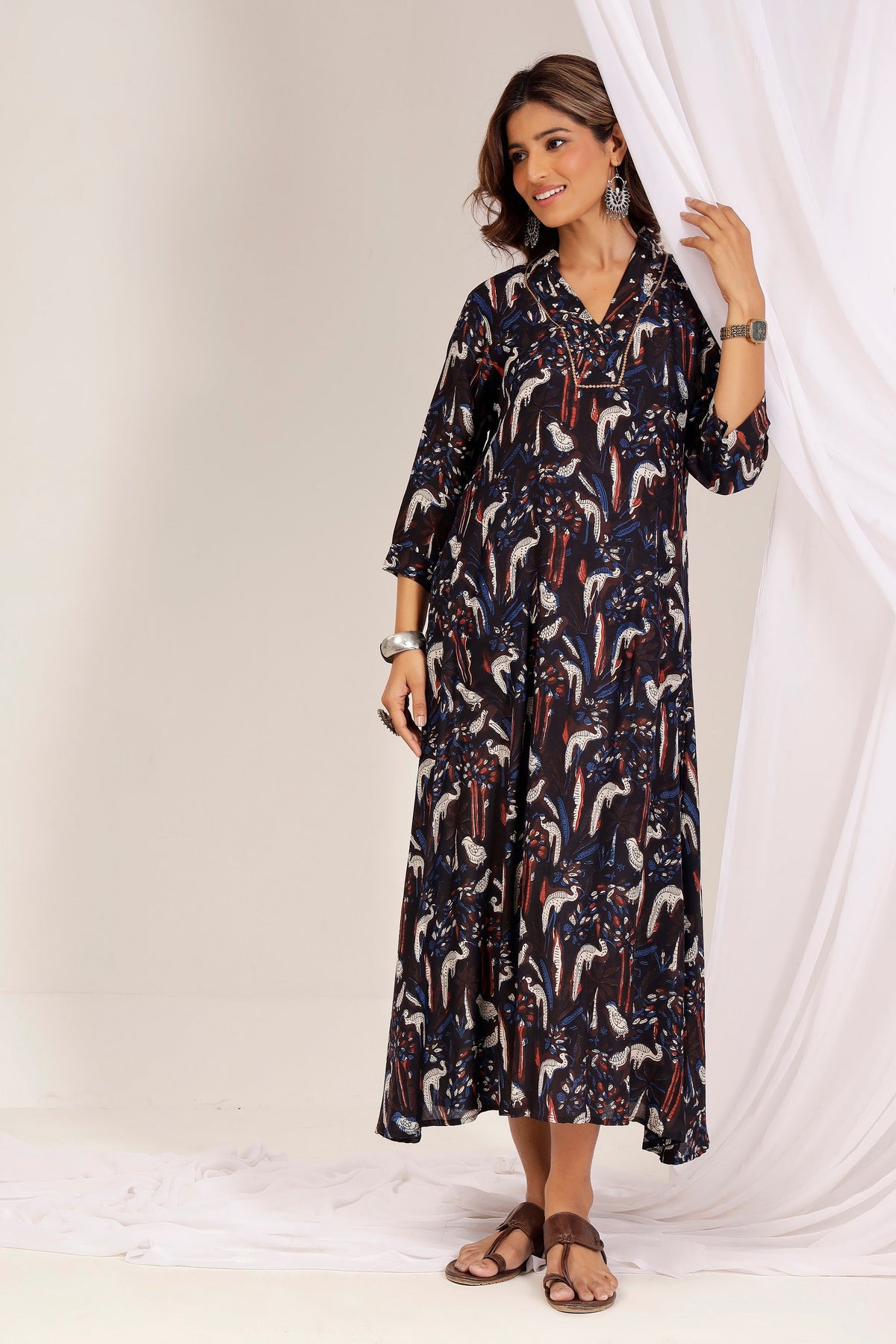 Indigo & Madder Muslin A-Line Midi Dress