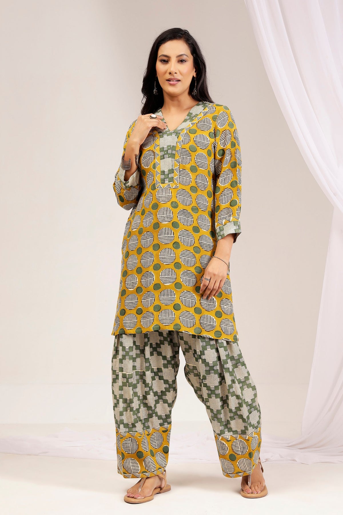 Mustard Geometric Muslin Farshi Salwar Co-ord Set