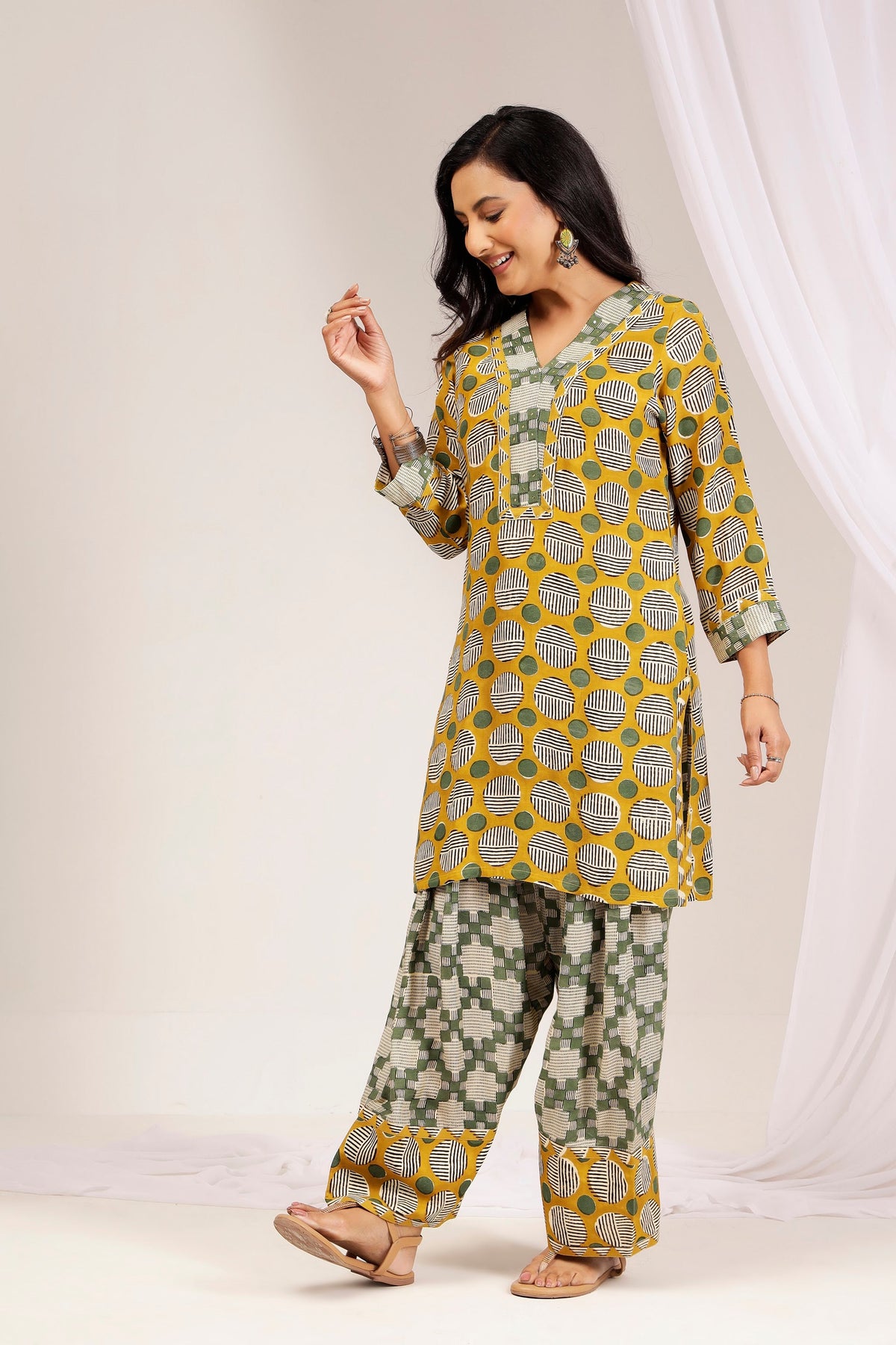 Mustard Geometric Muslin Farshi Salwar Co-ord Set