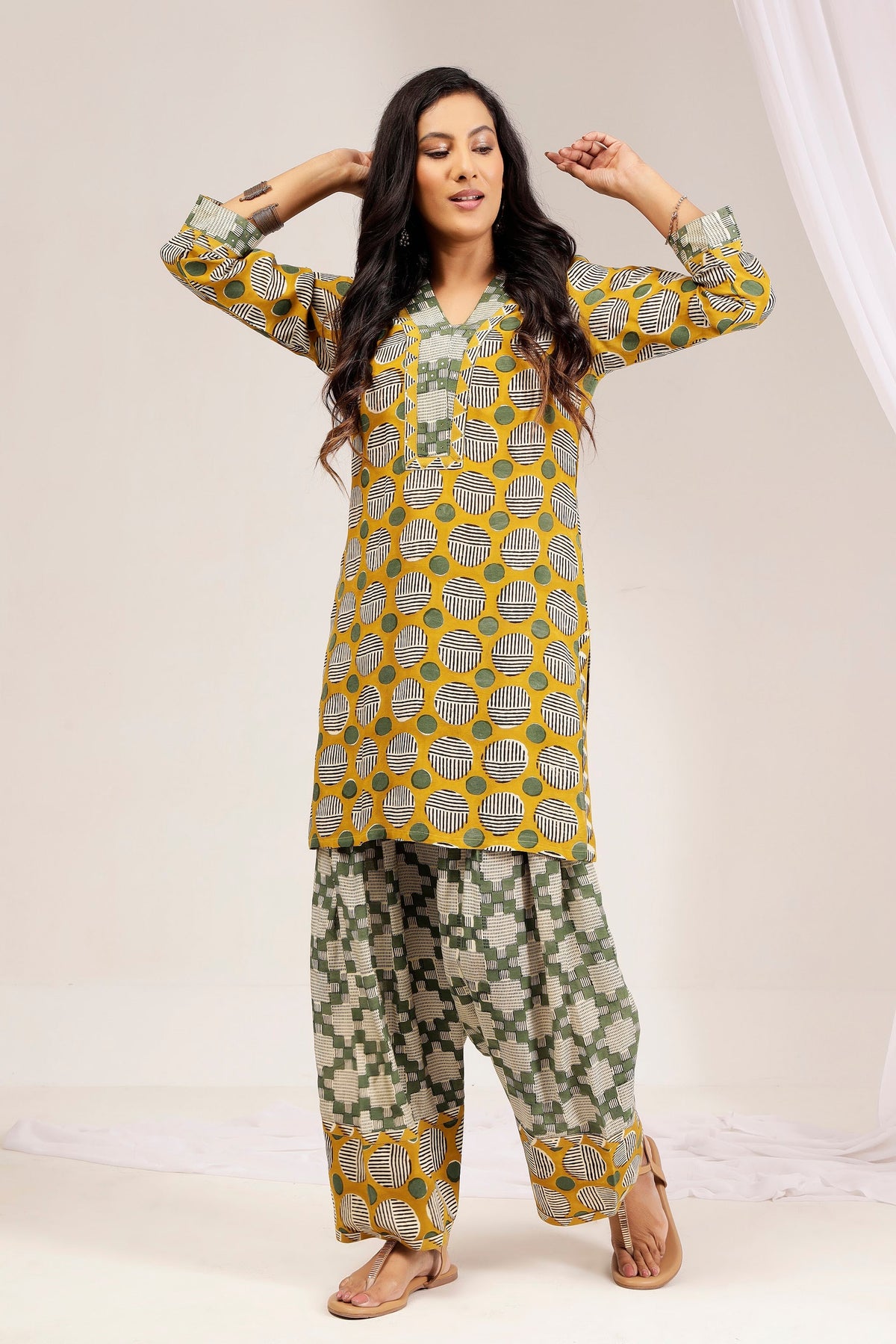 Mustard Geometric Muslin Farshi Salwar Co-ord Set