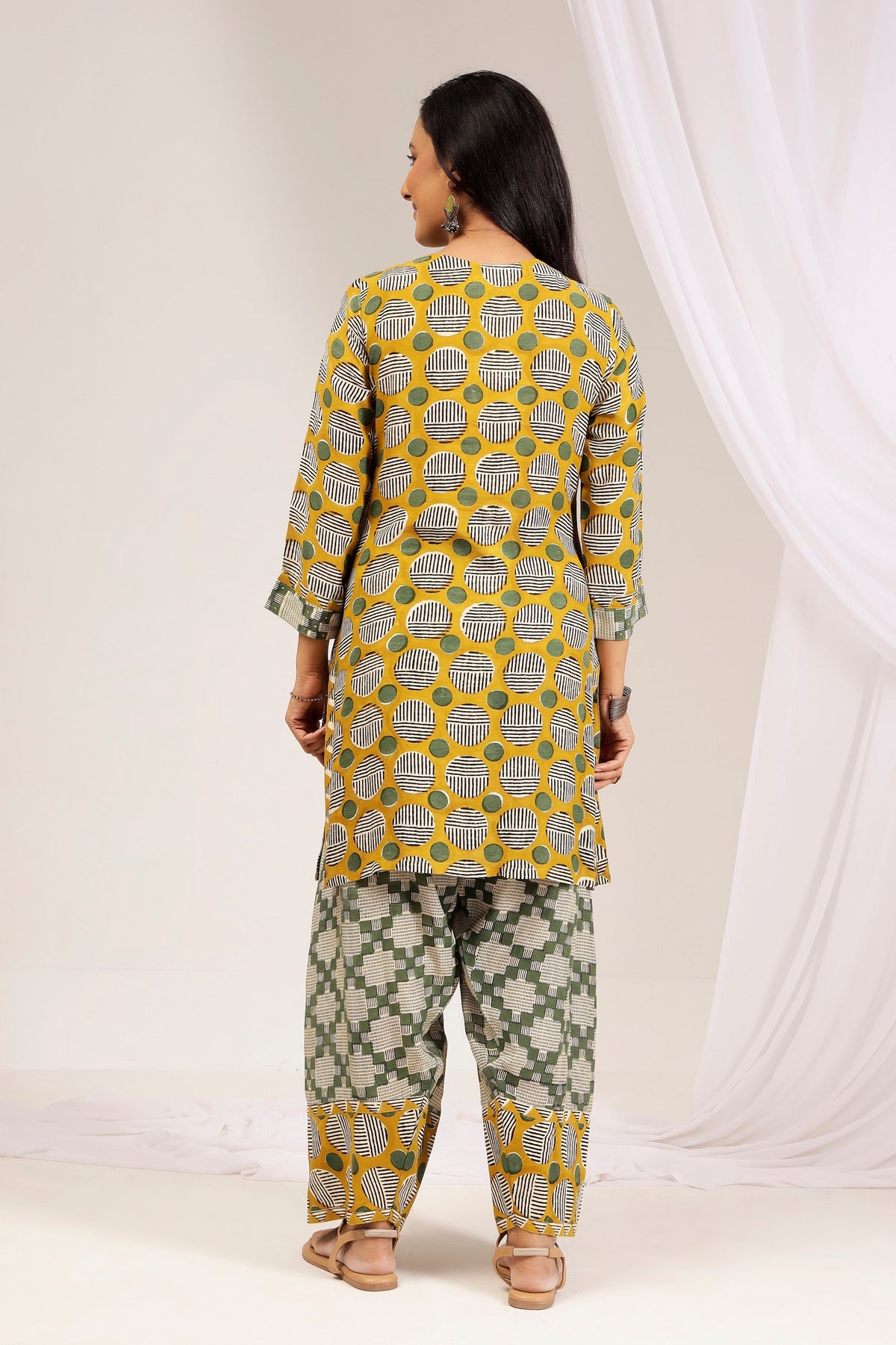 Mustard Geometric Muslin Farshi Salwar Co-ord Set