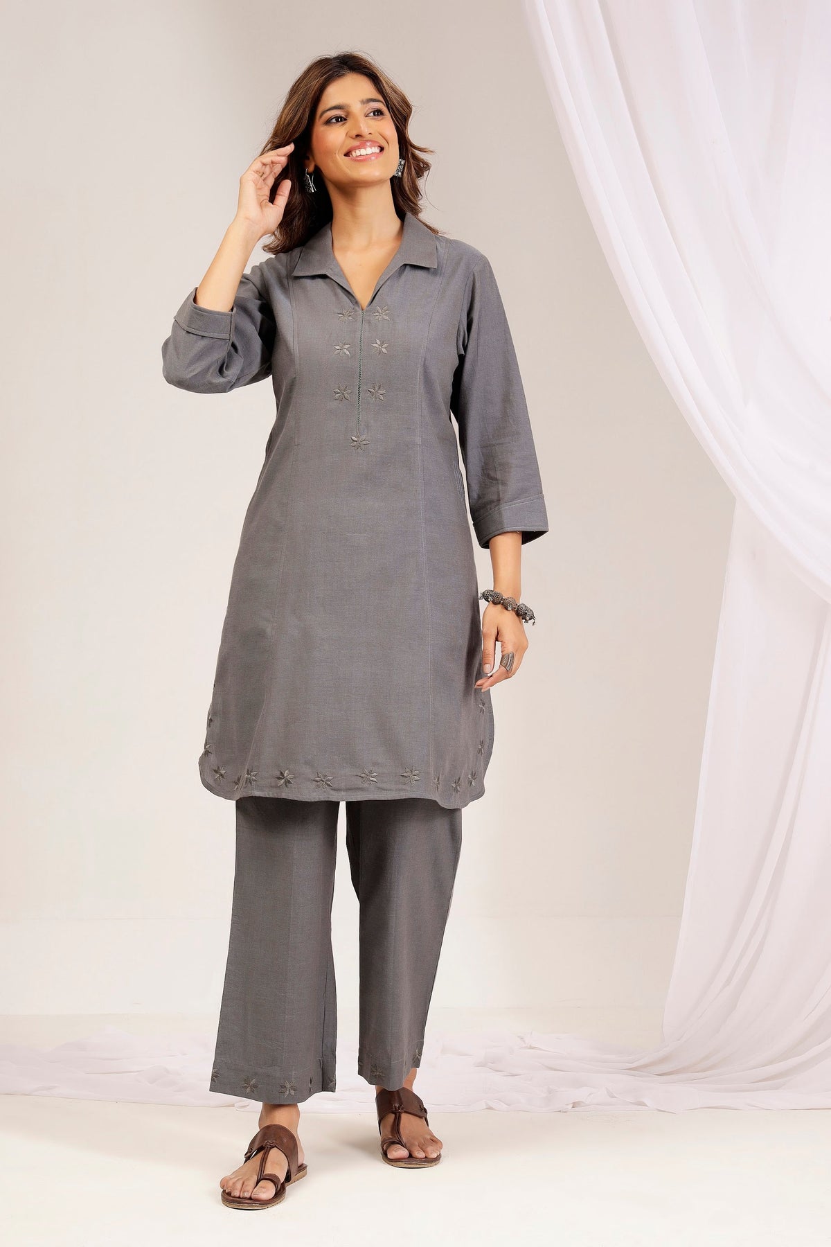 Ash Grey Handwoven Shot Cotton Shirt-Collar Co-ord Set