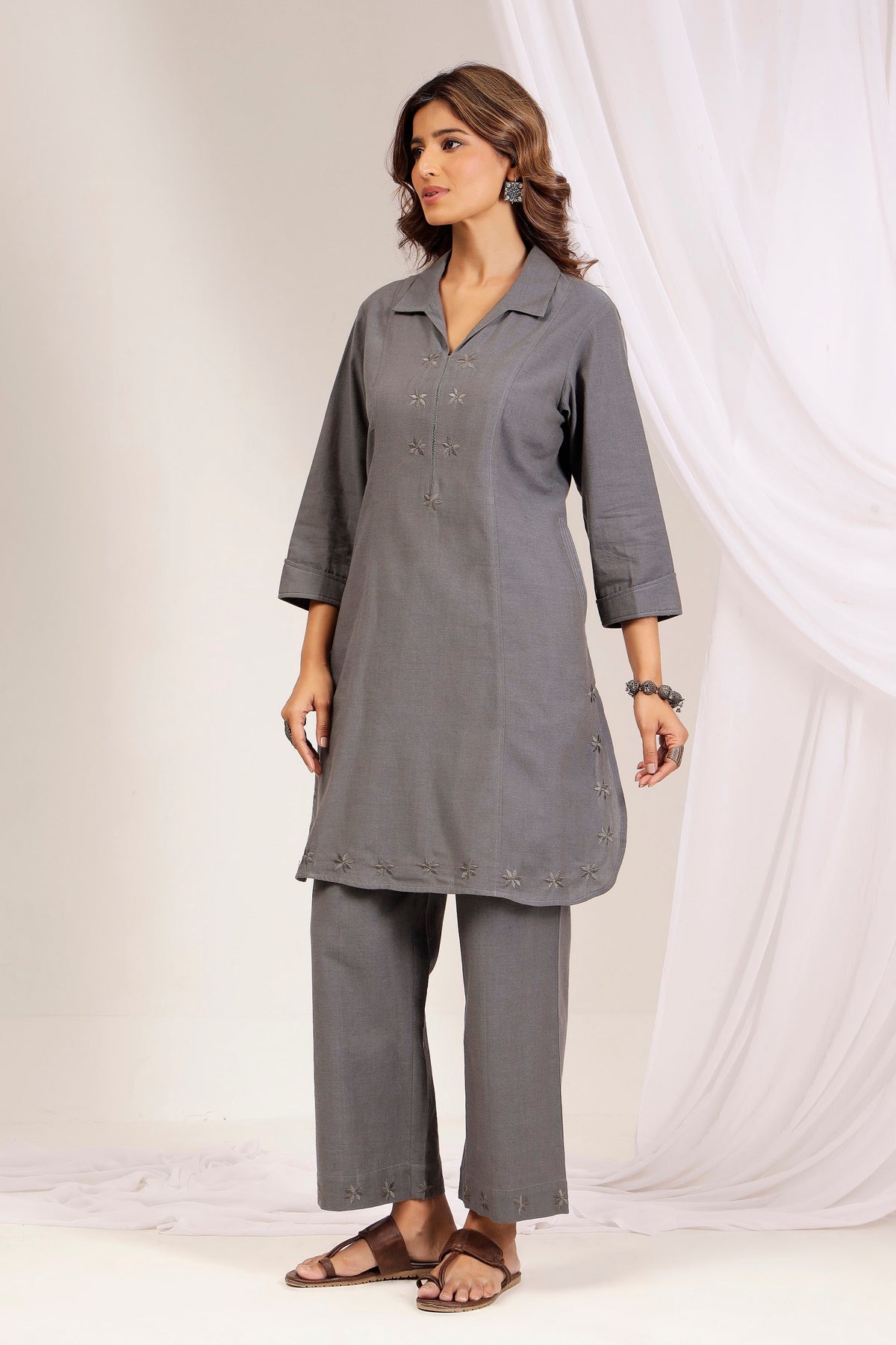 Ash Grey Handwoven Shot Cotton Shirt-Collar Co-ord Set